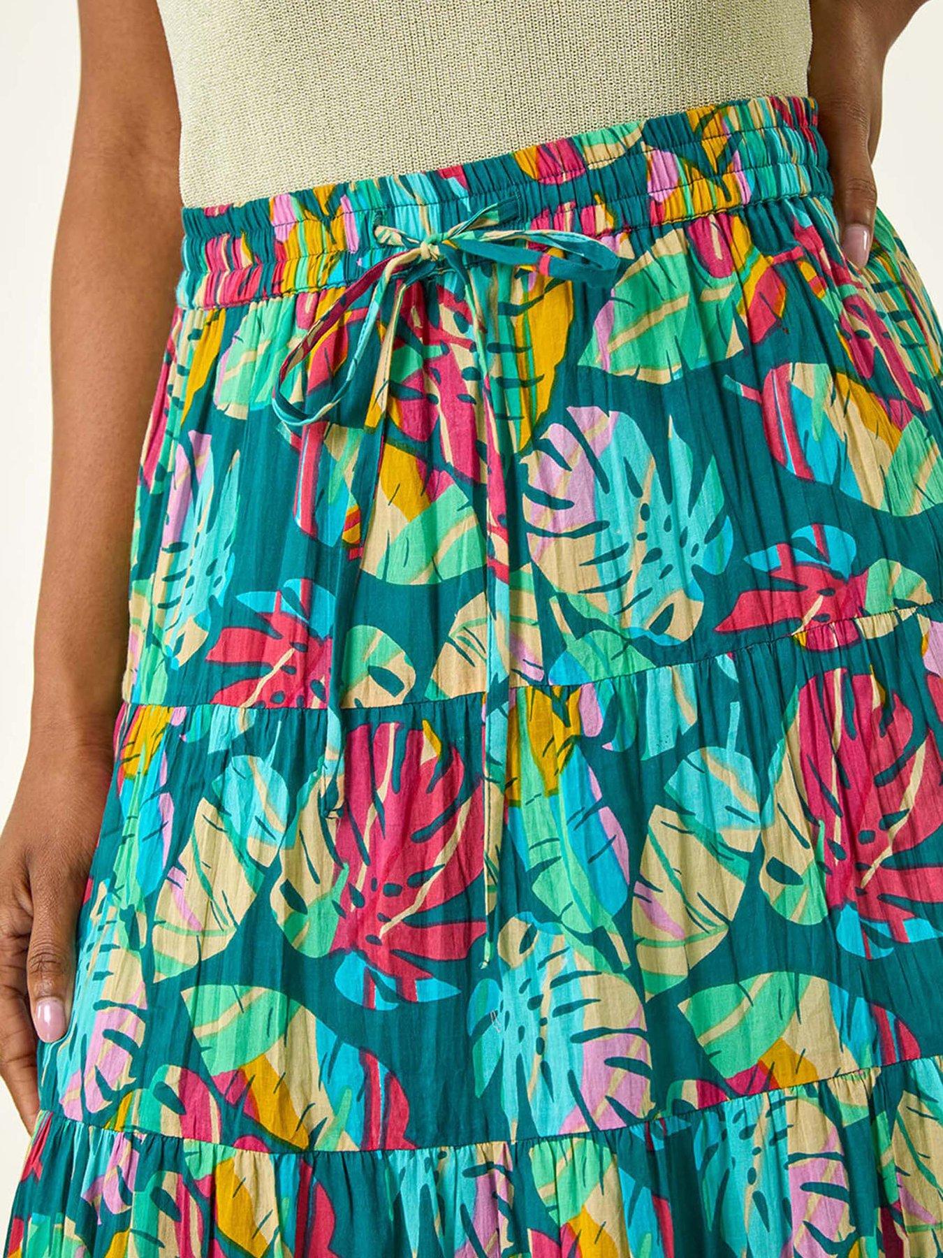 roman-palm-print-tiered-a-line-skirt-bluedetail