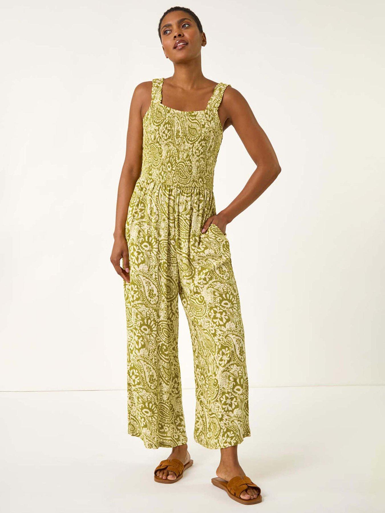 Roman Paisley Print Cropped Jumpsuit - Green