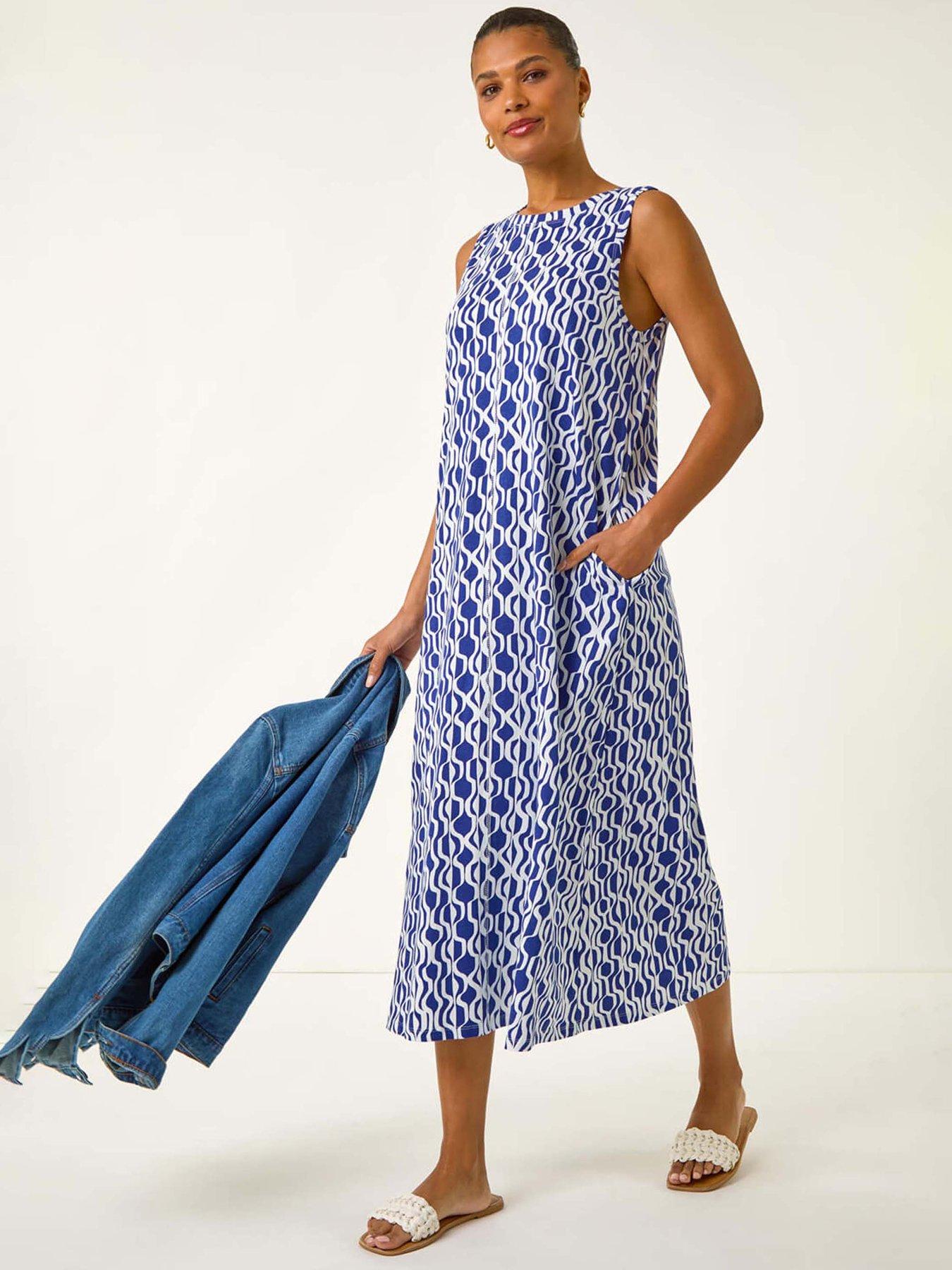 Roman Geo Print Pocket Midi Dress - Blue