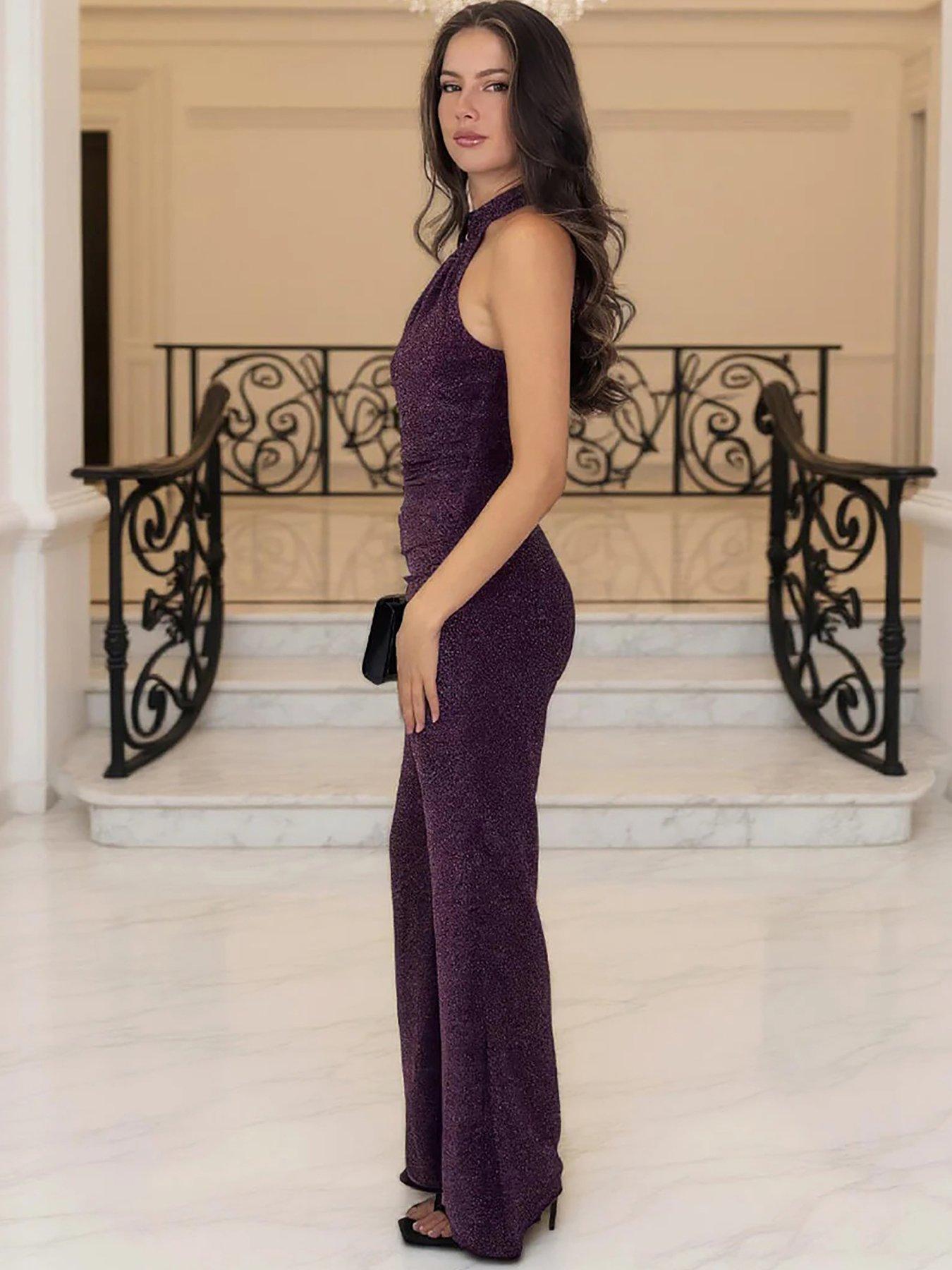 Image 3 of 3 of AX Paris Sparkle Halter Neck Draped Waist Jumpsuit - Purple