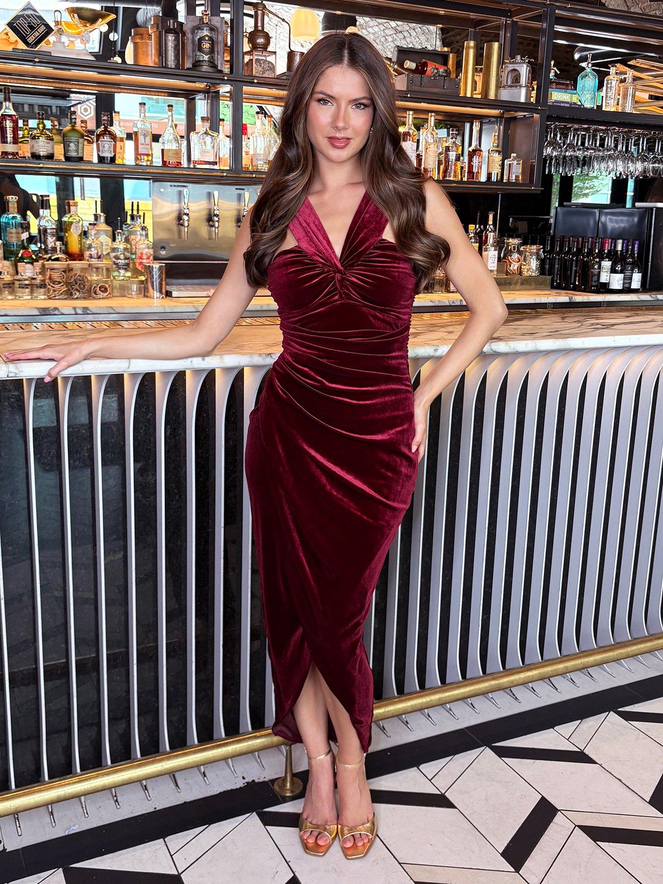 knee length dresses for ladies Velvet Wrap Front Drape Midi Dress – InTheStyle main image 0