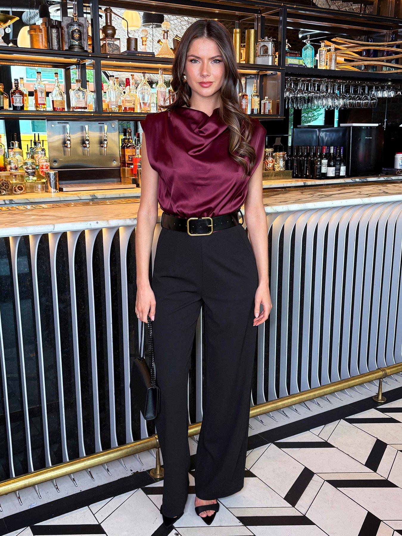 AX Paris 2 In 1 Draped Neck Belted Wide Leg Jumpsuit - Purple