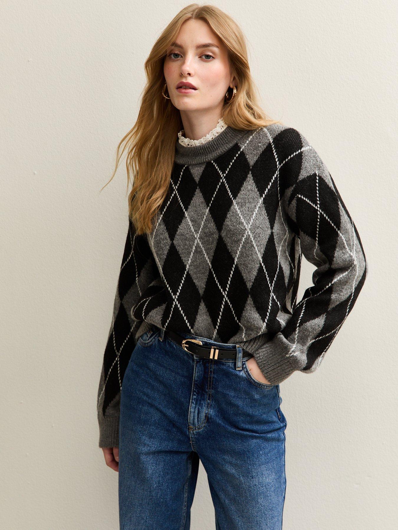 New Look Argyle Crew Neck Midweight Knit Jumper - Grey