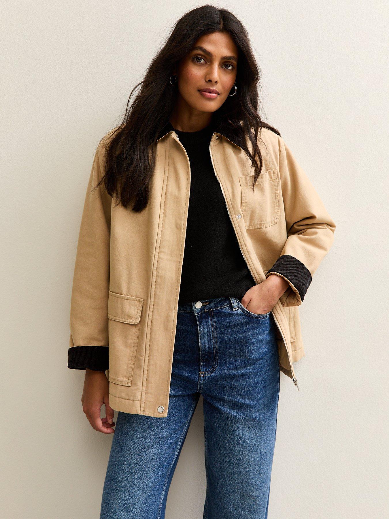Image 1 of 6 of New Look Stone Contrast Collar Midi Barn Jacket