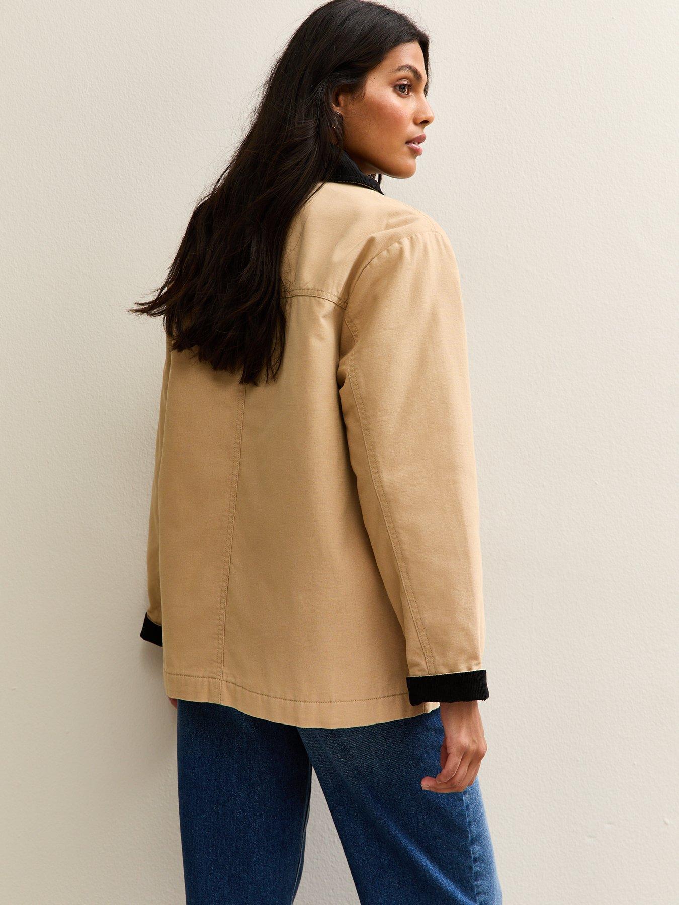 Image 2 of 6 of New Look Stone Contrast Collar Midi Barn Jacket