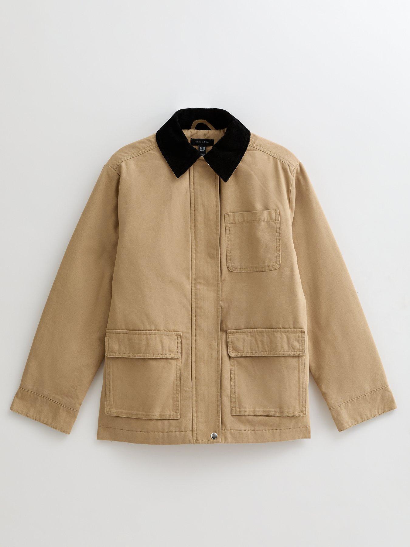 Image 6 of 6 of New Look Stone Contrast Collar Midi Barn Jacket