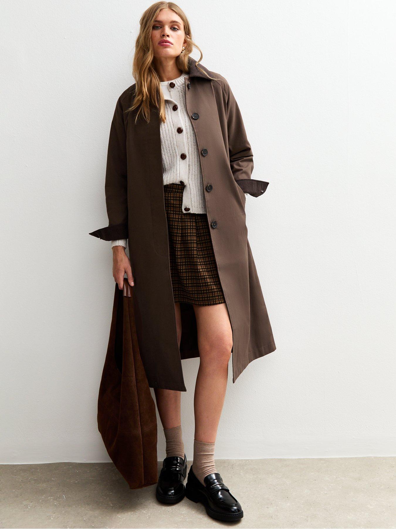 New Look Contrast Collar Trench Coat - Dark Brown