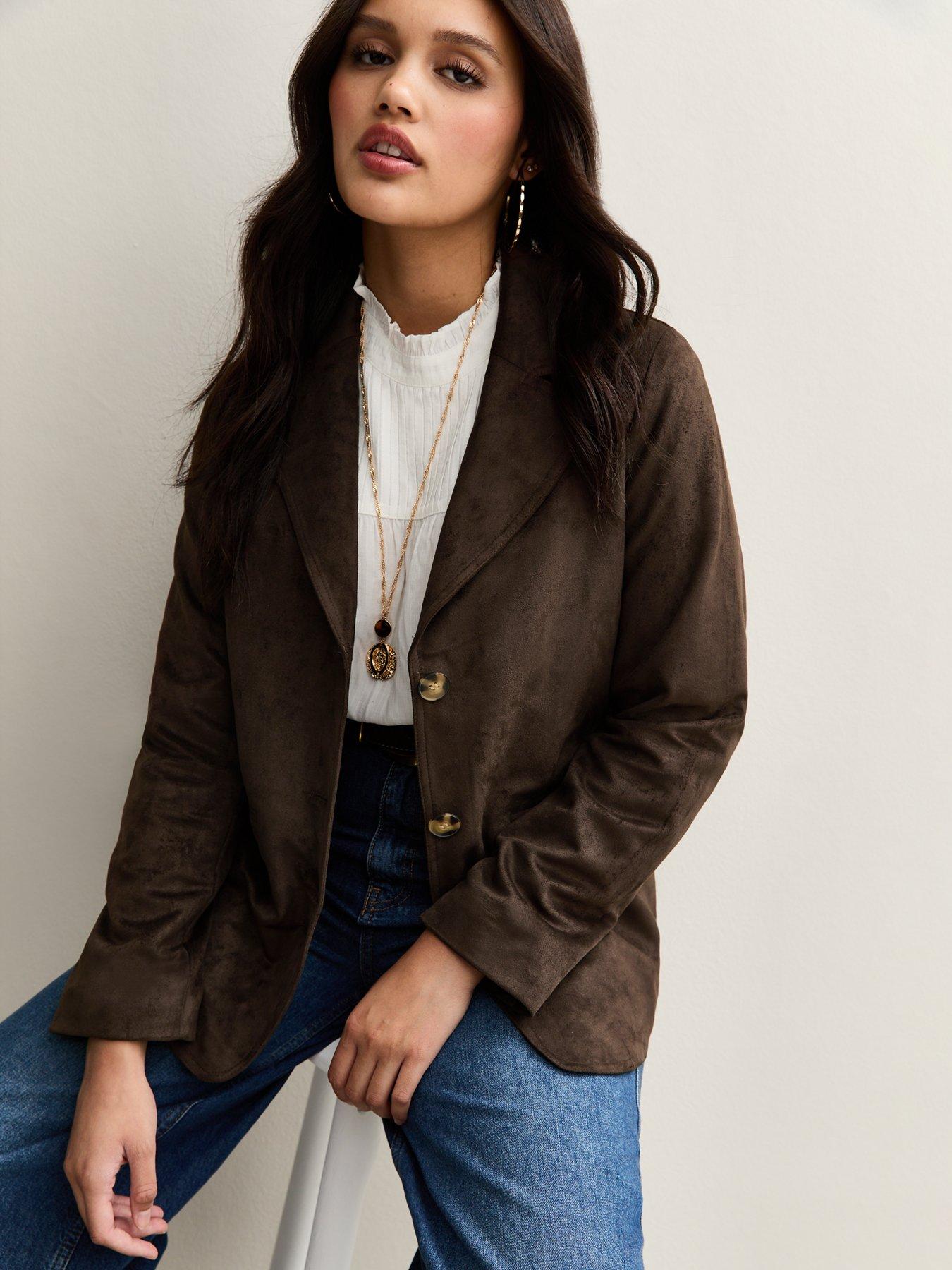 New Look Faux Suede Button Through Jacket - Dark Brown