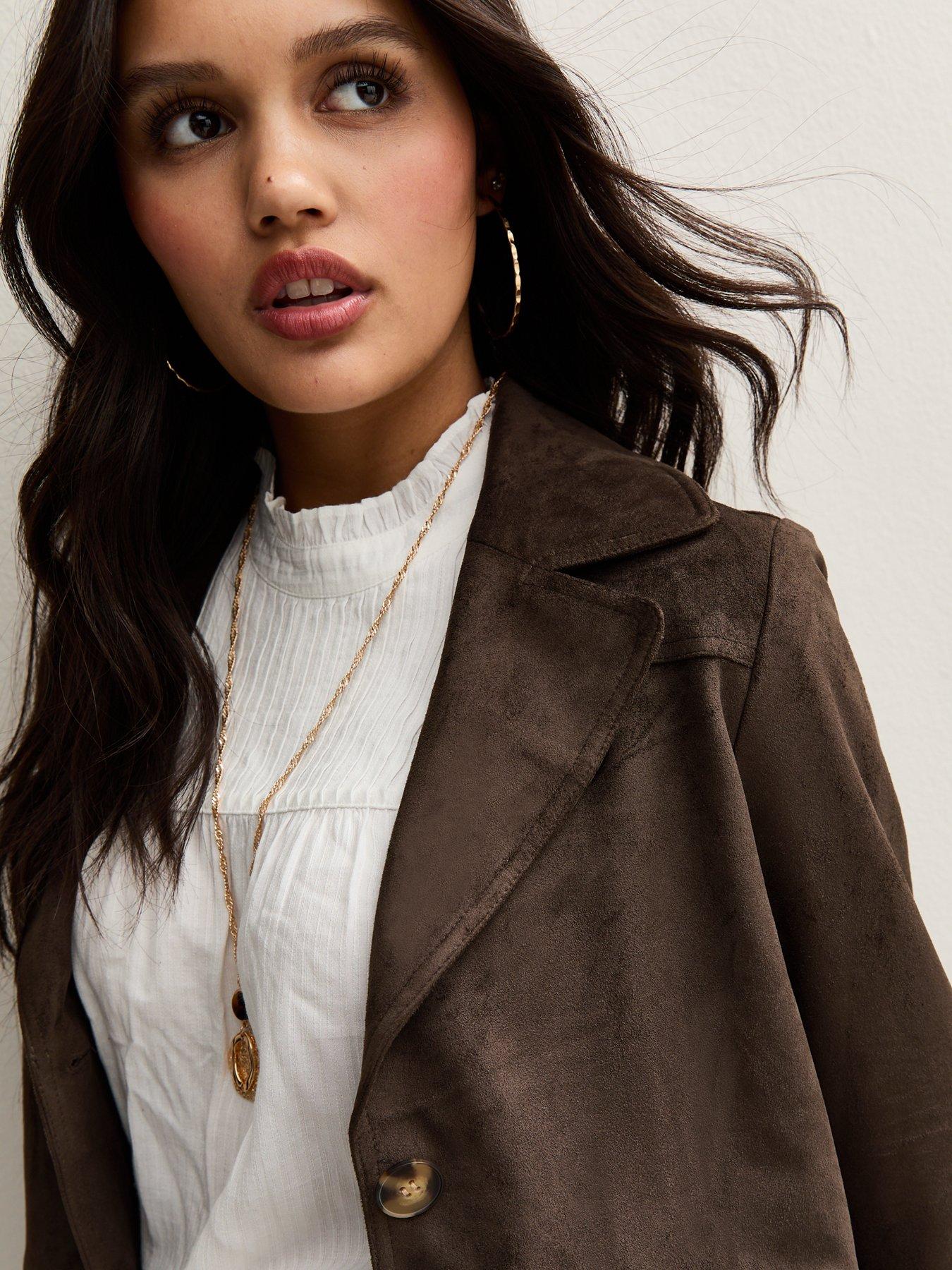 new-look-faux-suede-button-through-jacket-dark-brownoutfit