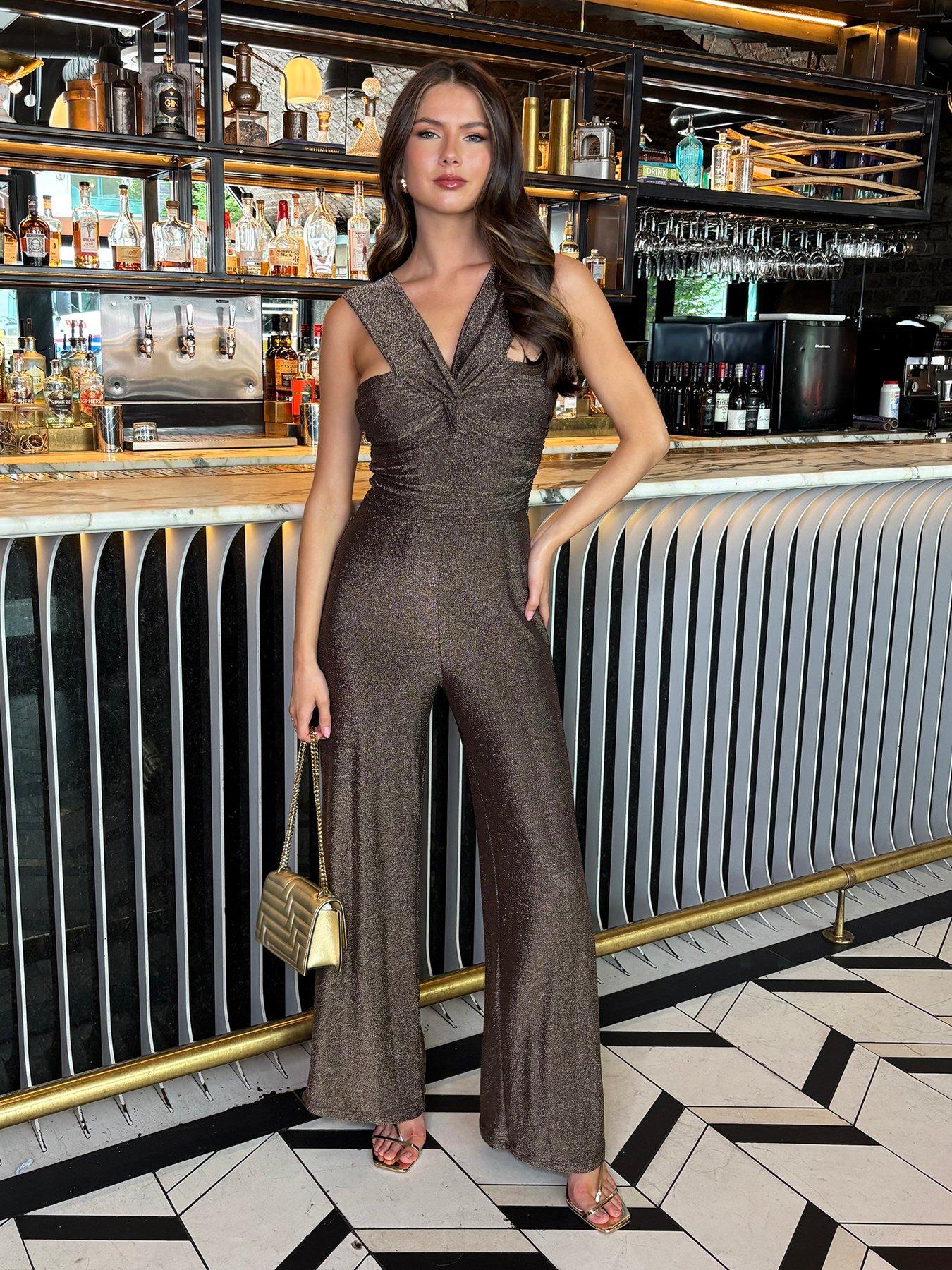 ax-paris-sparkle-knot-detail-wide-leg-jumpsuit-brown