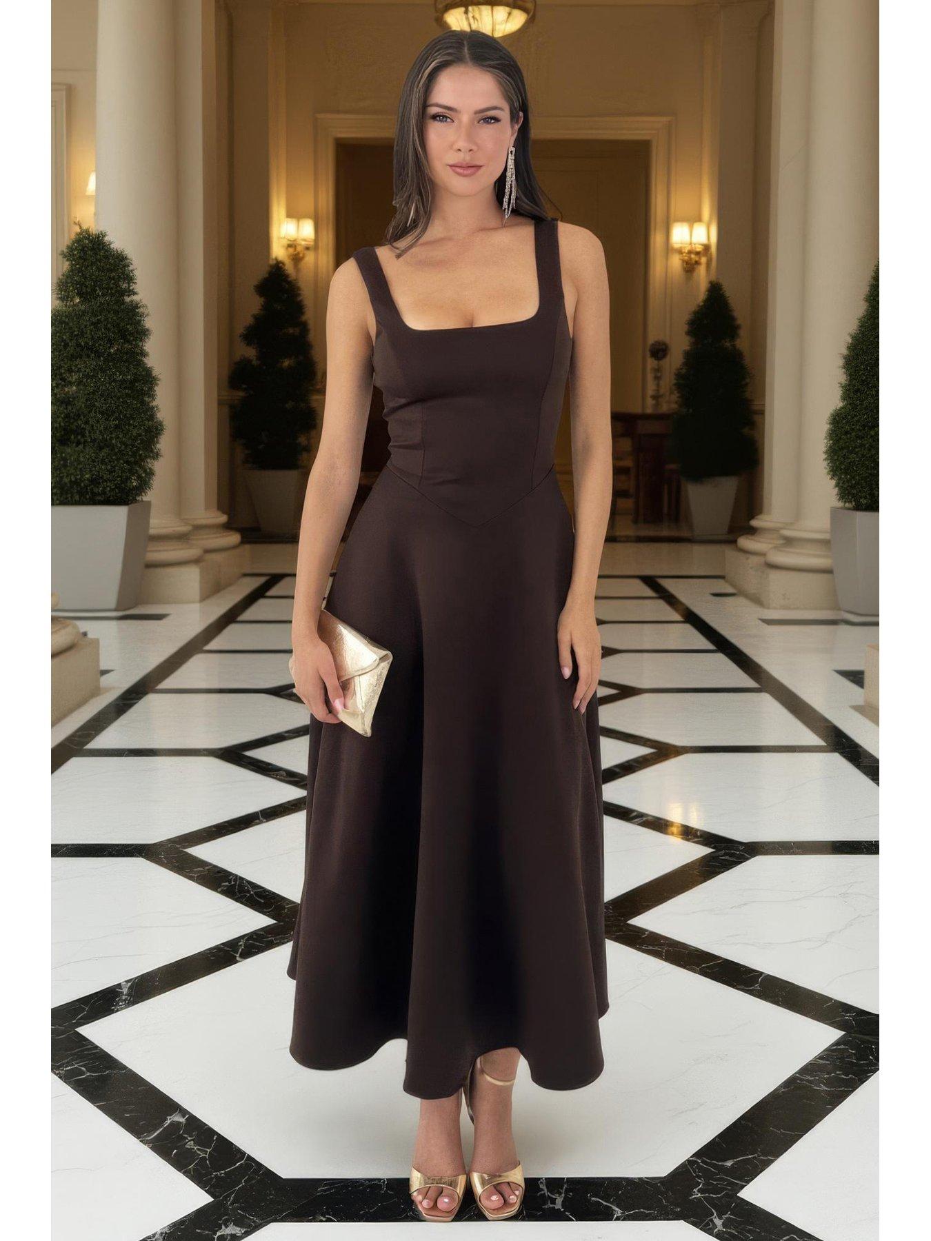 AX Paris Square Neck A-Line Midi Dress - Brown
