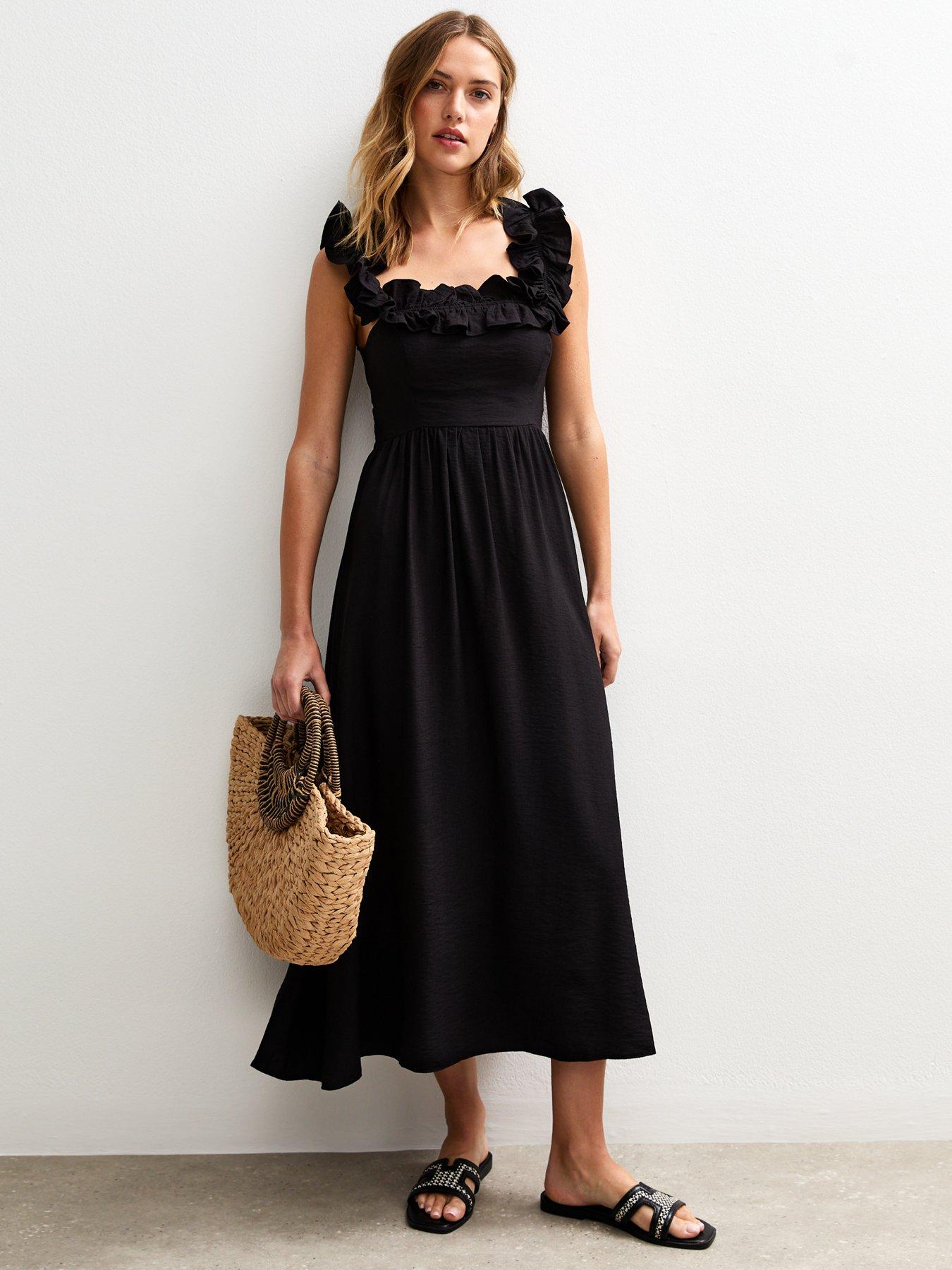 New Look Square Neck Ruffled Bow Tie Back Midi Dress - Black