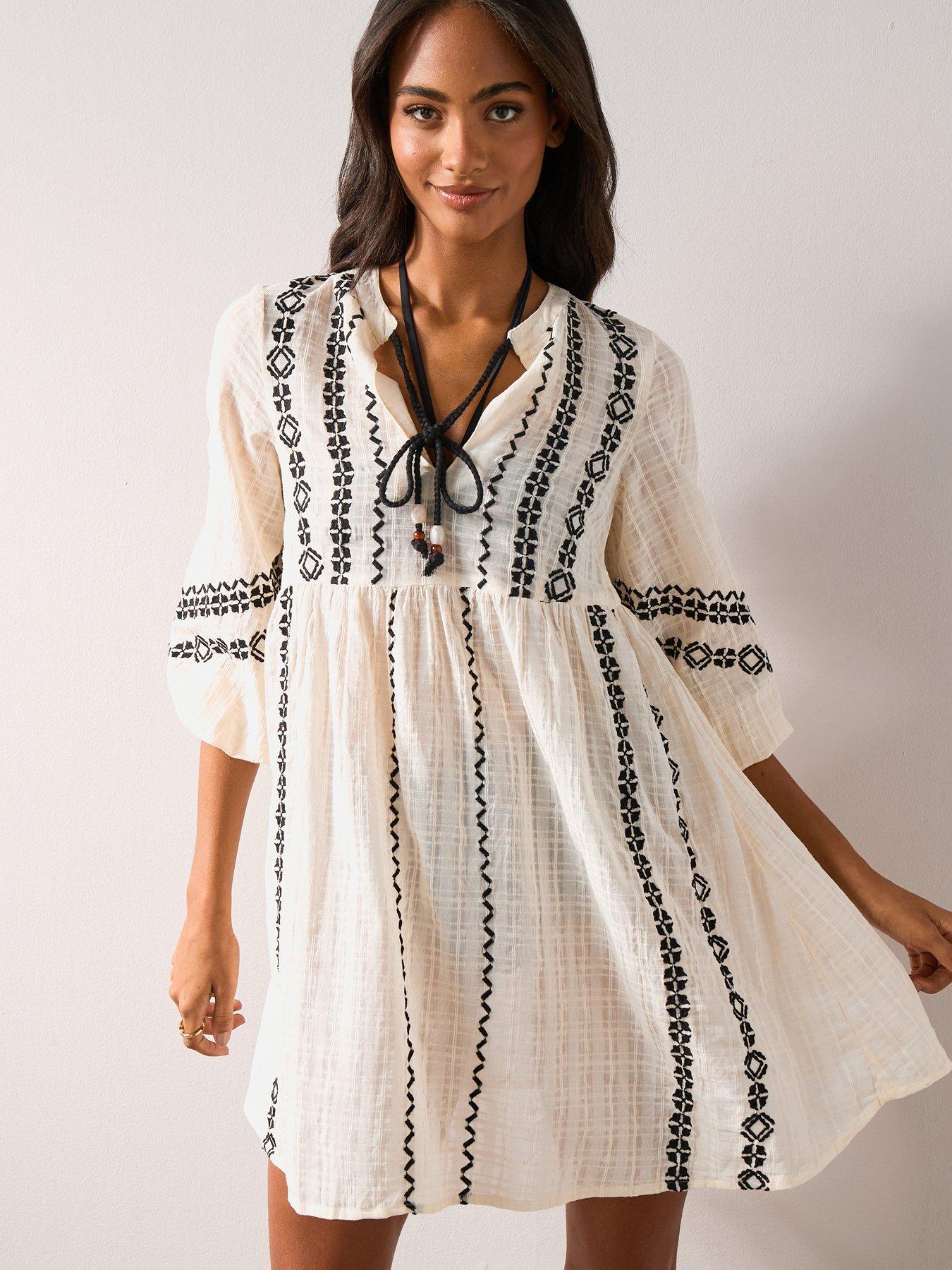 The Very Collection Embroidered Bead Mini Beach Dress -  Cream