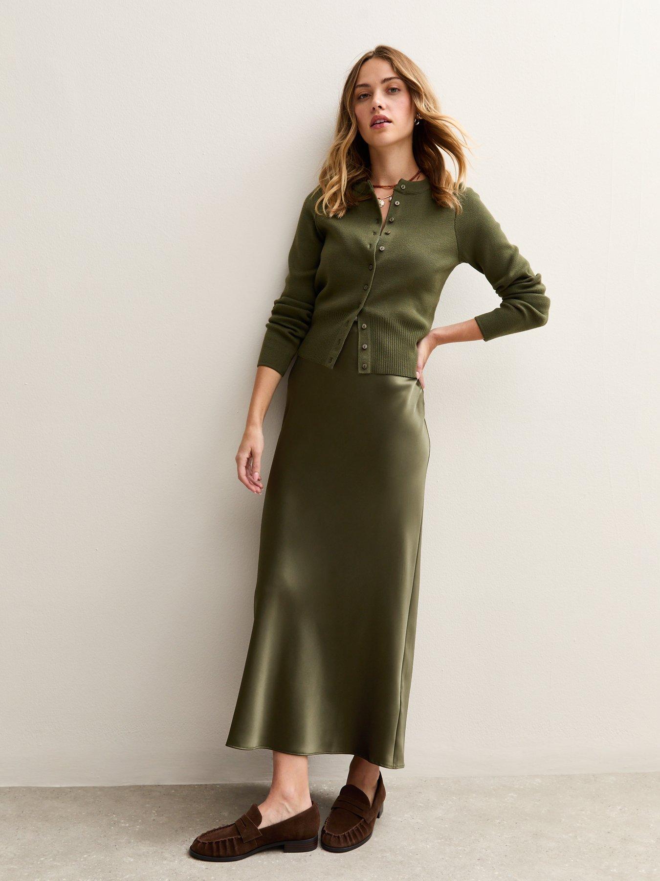 New Look Light Khaki Satin Bias Cut Midi Skirt Green Very Ireland