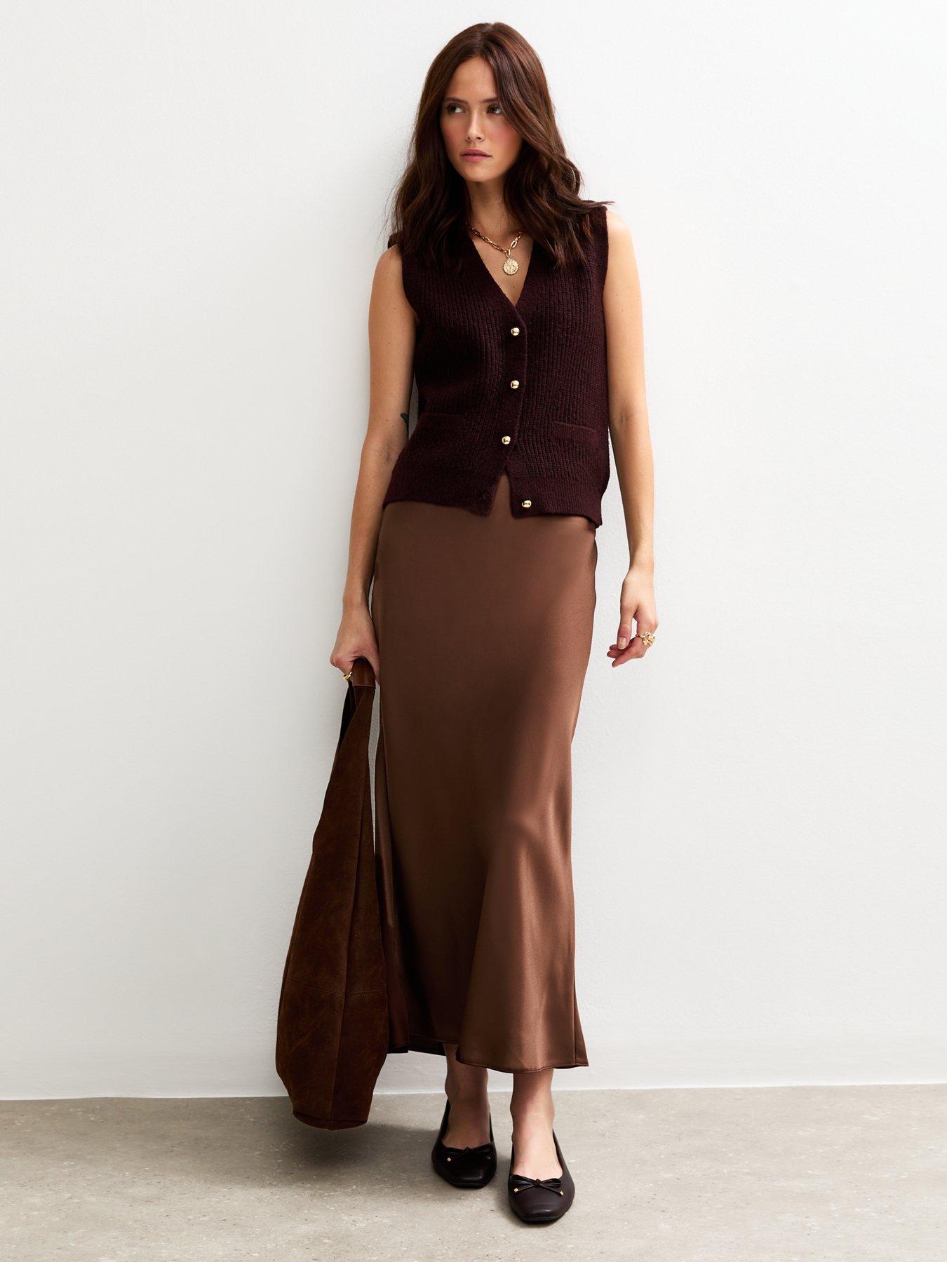 New Look Satin Bias Cut Midi Skirt - Dark Brown