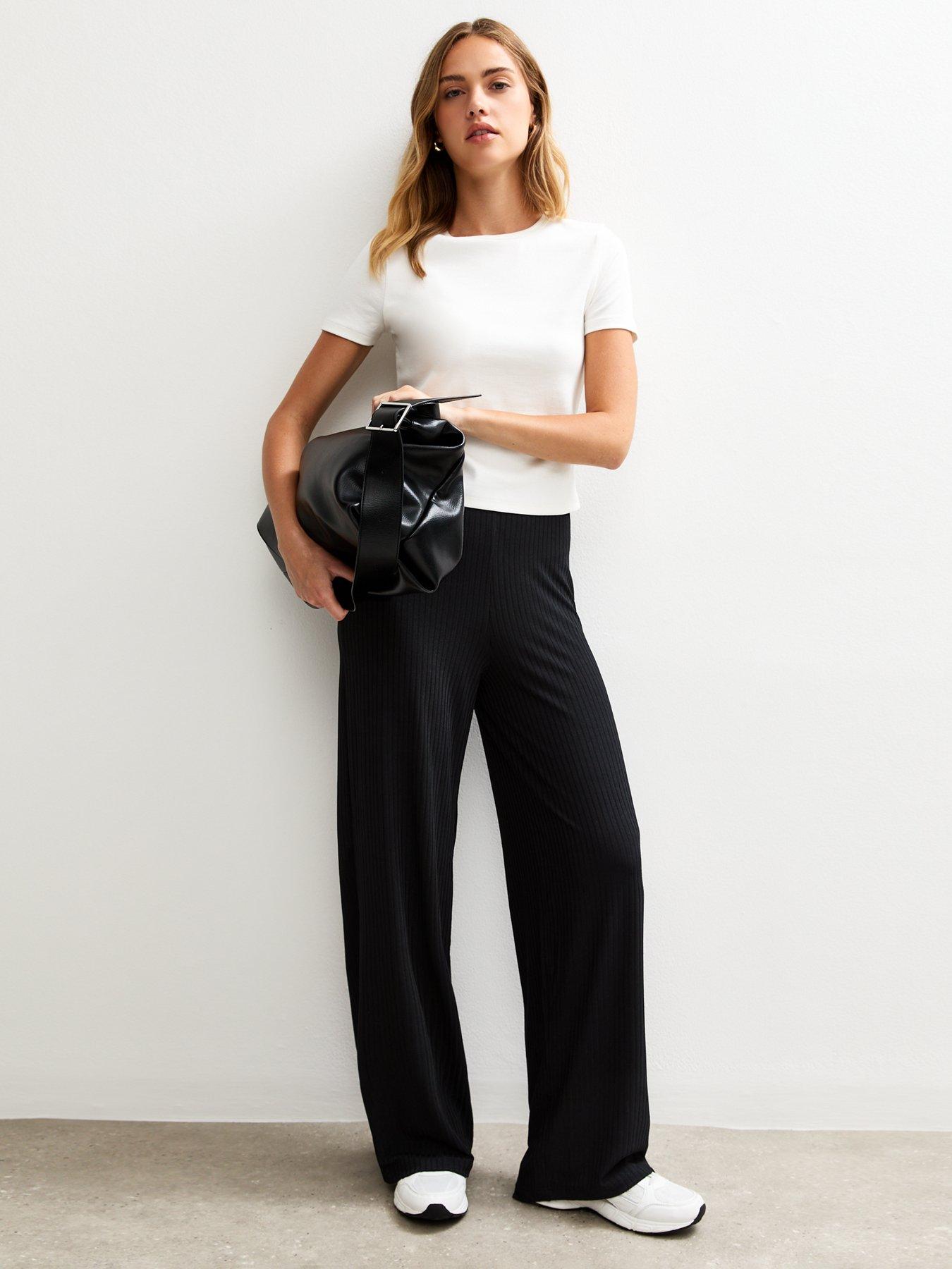 New Look Ribbed Wide Leg Trousers - Black