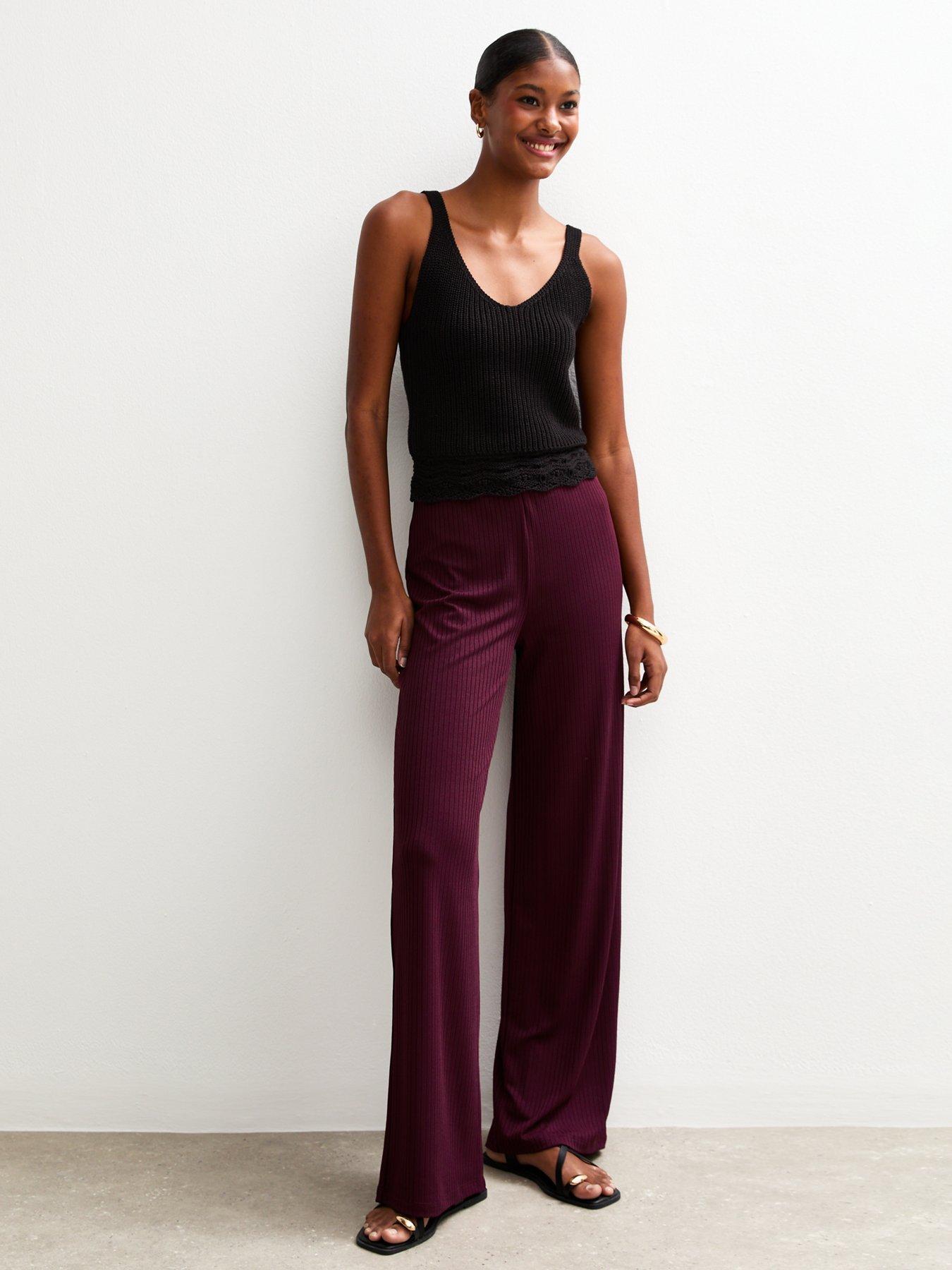 New Look Dark Burgundy Ribbed Wide Leg Trousers - Red