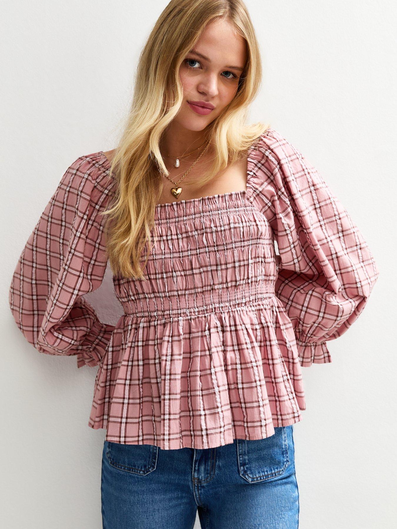 new-look-shirred-checked-frilly-trim-top-pink