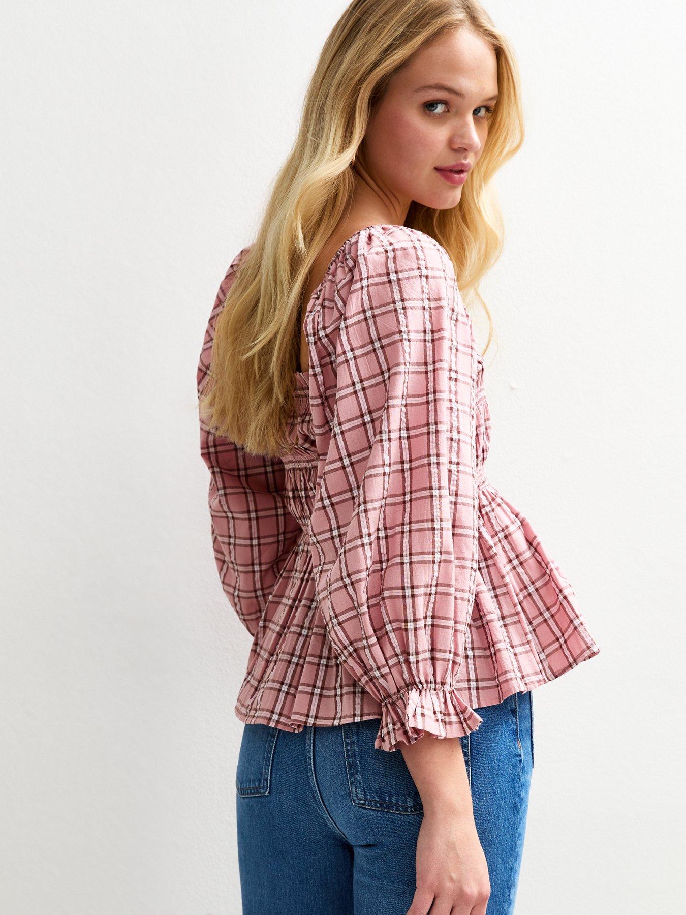 new-look-shirred-checked-frilly-trim-top-pinkstillFront