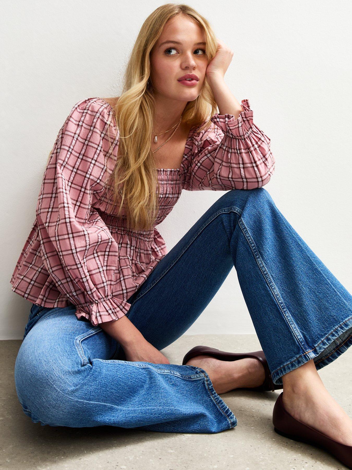 new-look-shirred-checked-frilly-trim-top-pinkback