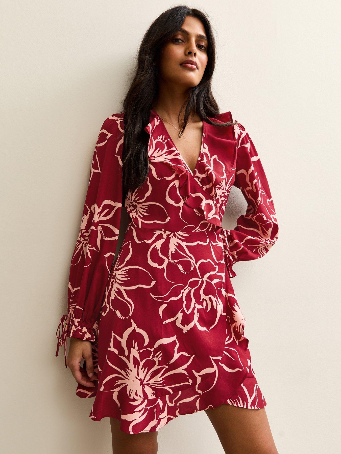 New Look Red Flower Print Wrap Mini Dress