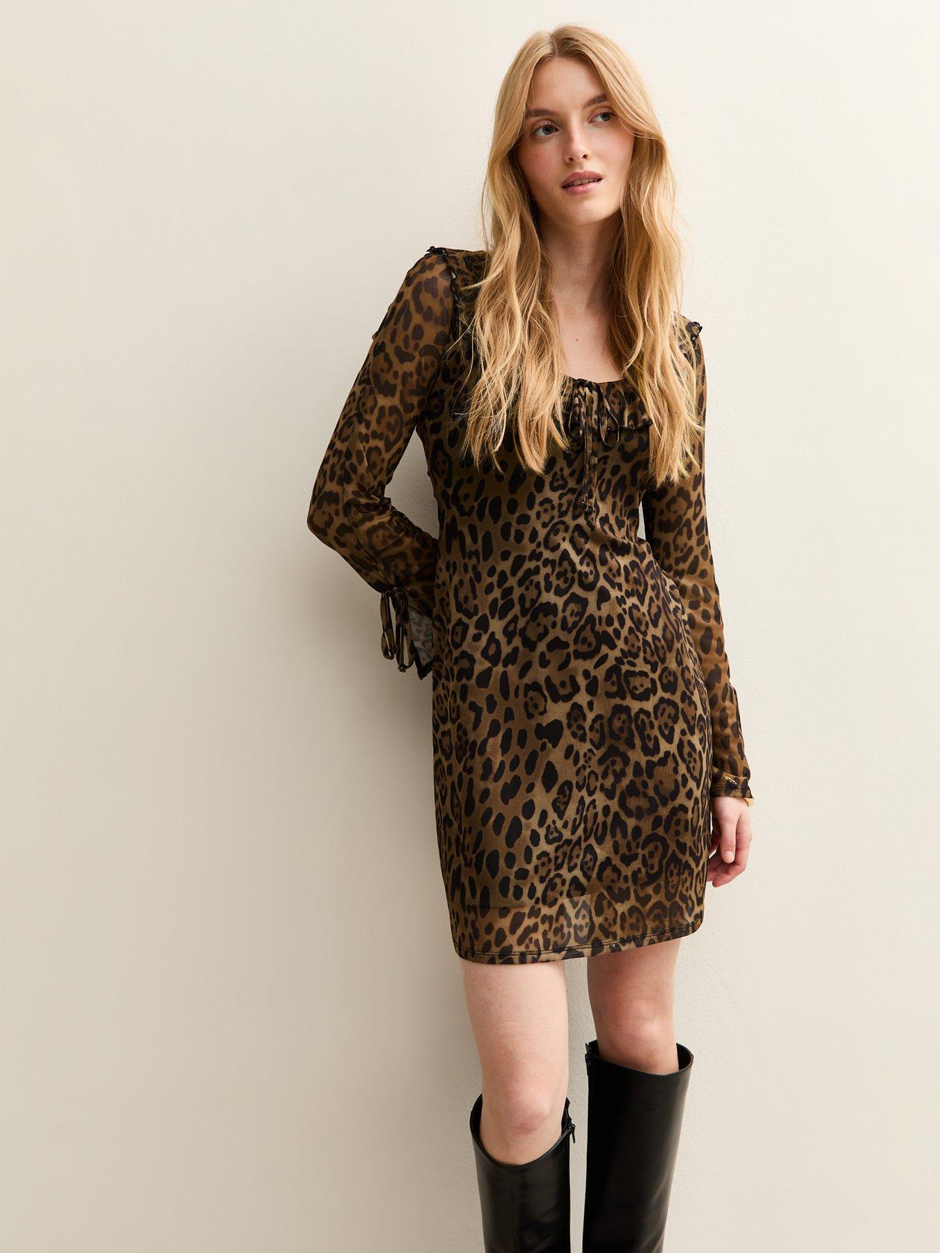 New Look Leopard Print Mesh Scoop Neck Tie Detail Mini Dress - Brown