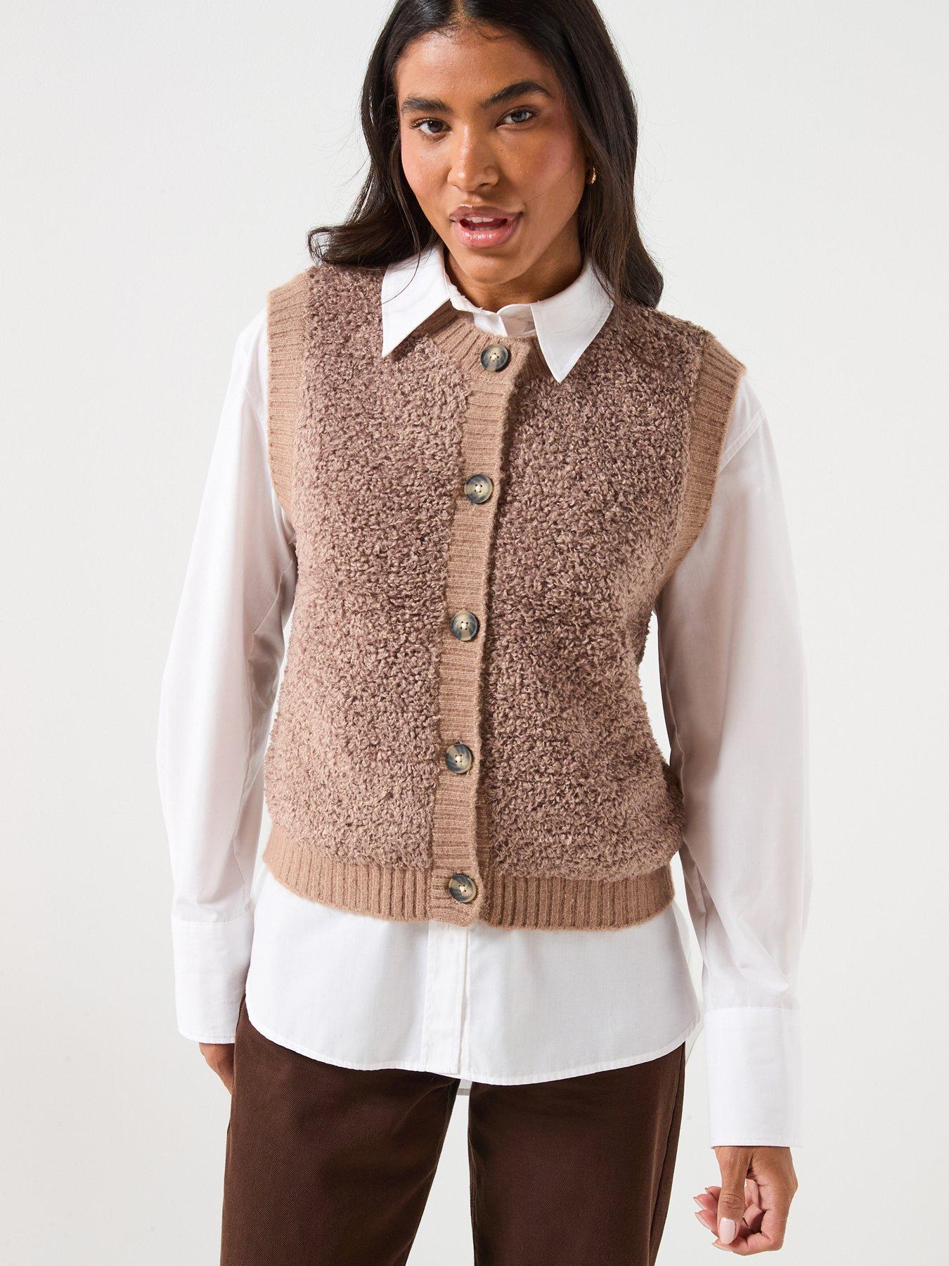 Image 1 of 6 of JDY Sleeveless Button Boucle Knit Vest - Beige