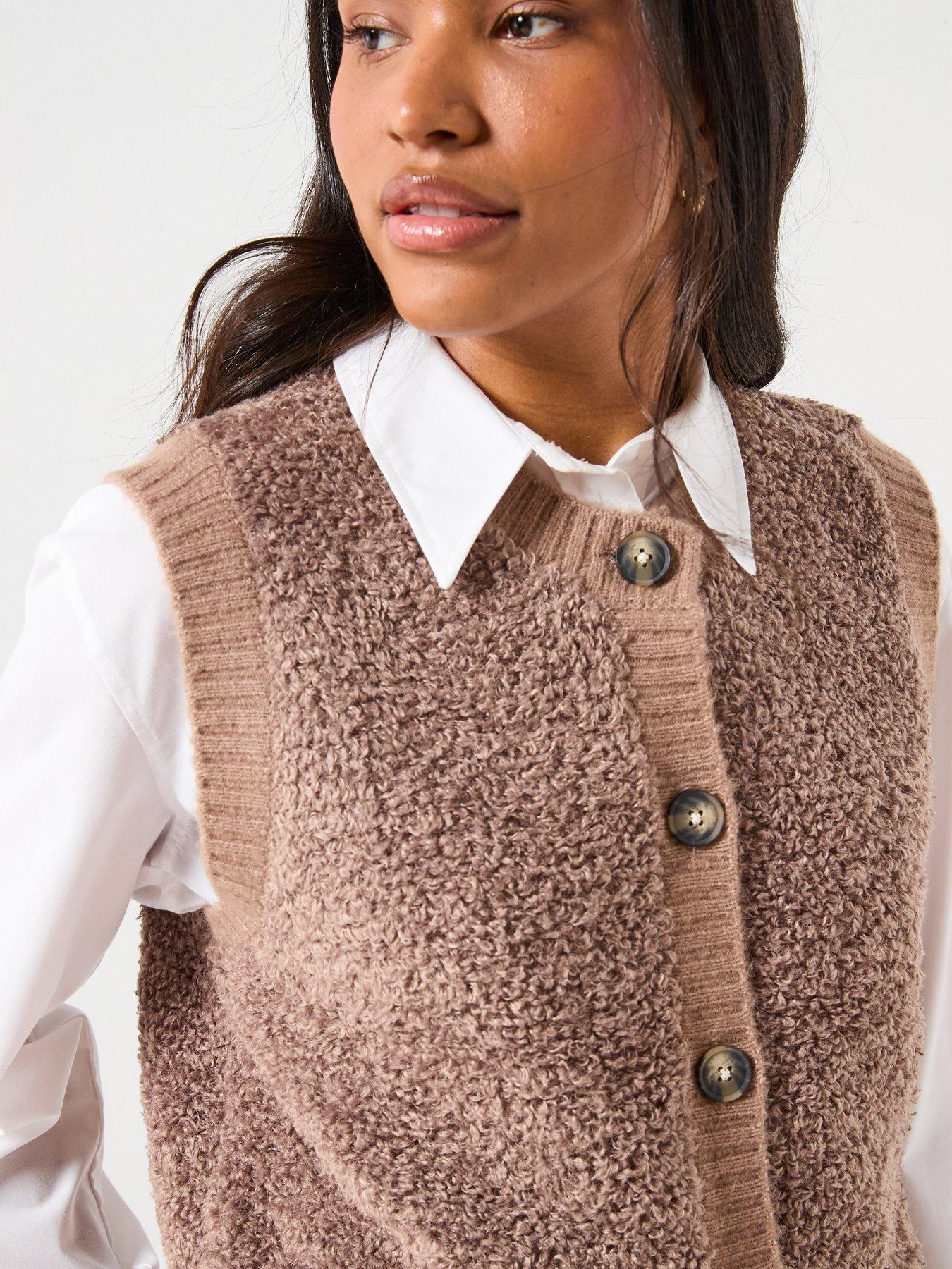 Image 4 of 6 of JDY Sleeveless Button Boucle Knit Vest - Beige