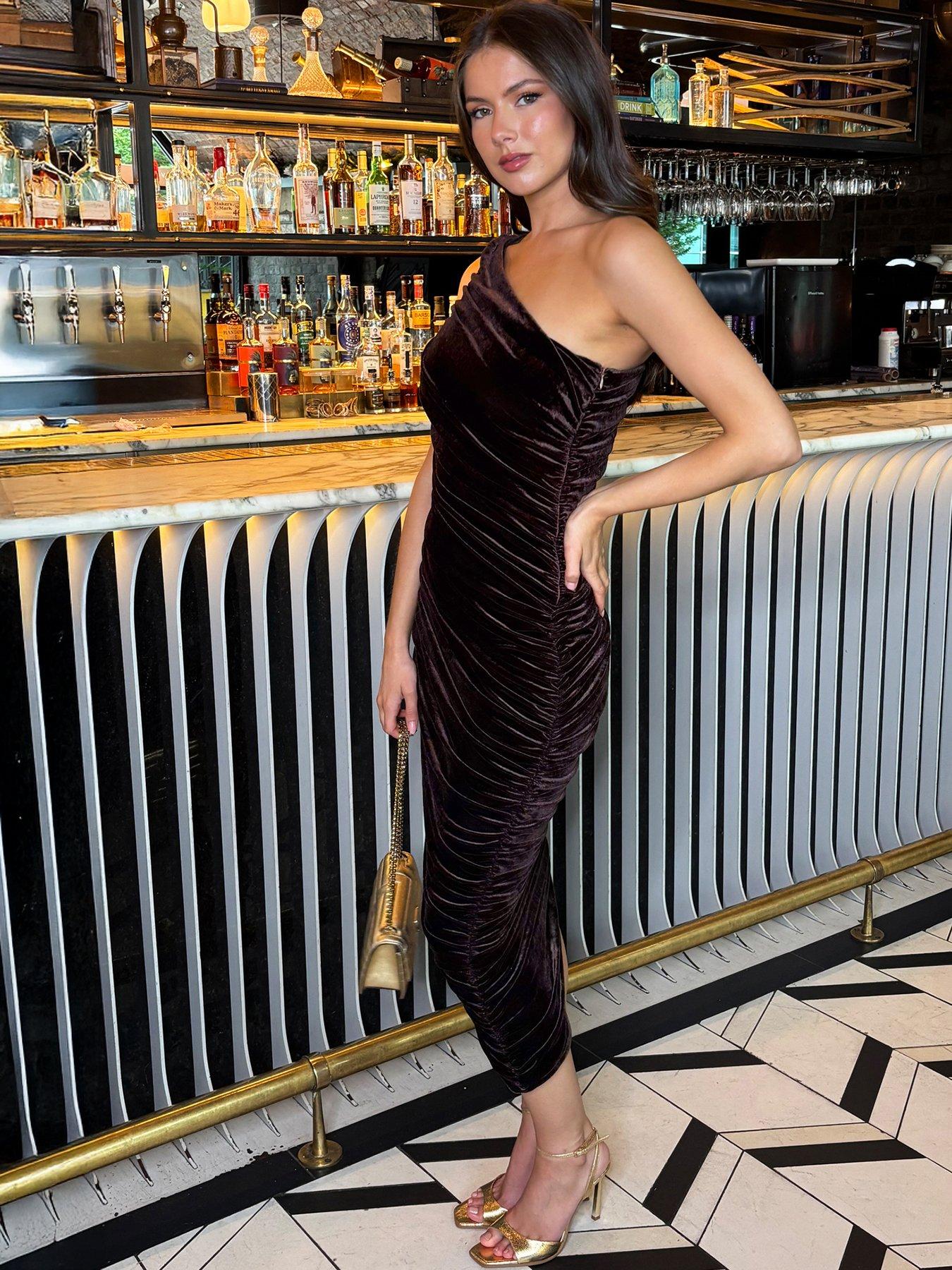Image 3 of 4 of AX Paris Velvet One Shoulder Ruched Midi Dress - Brown
