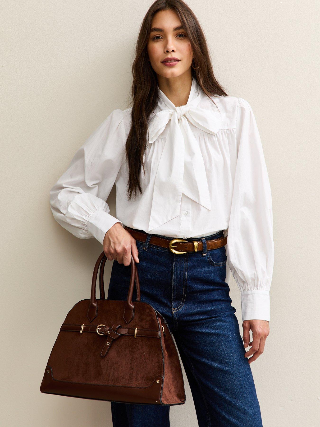 New Look Poplin Cotton Pussybow Neck Long Sleeve Blouse - White