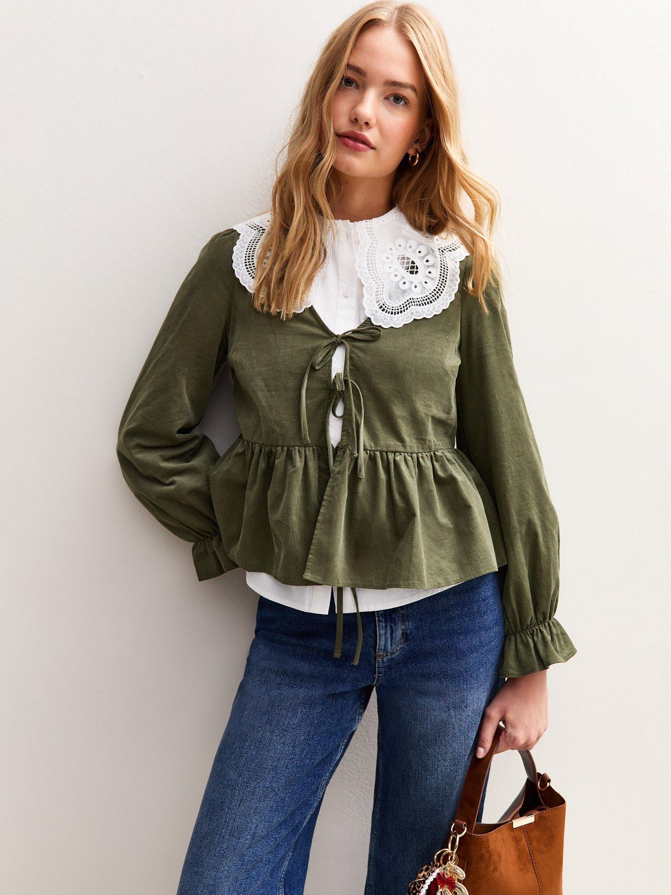new-look-khaki-corduroy-tie-front-peplum-shirt-green