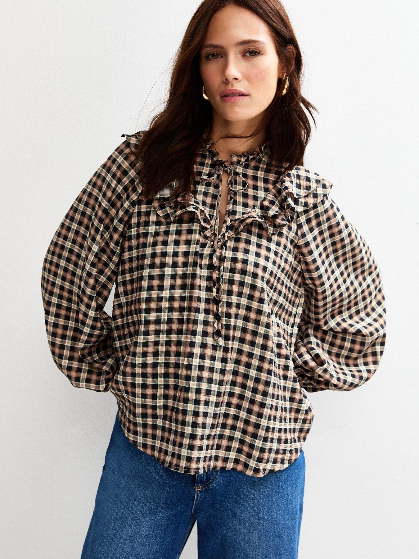 new-look-checked-frill-collar-balloon-sleeve-blouse-brownfront
