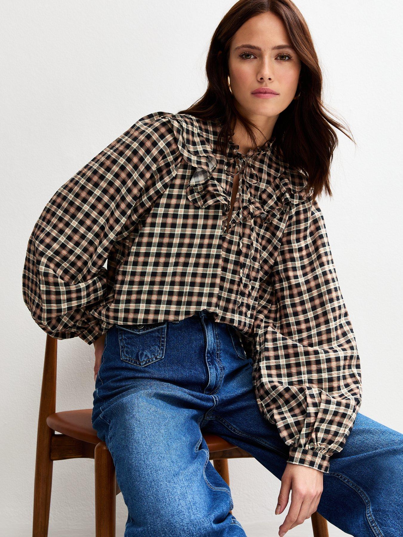 new-look-checked-frill-collar-balloon-sleeve-blouse-brownback