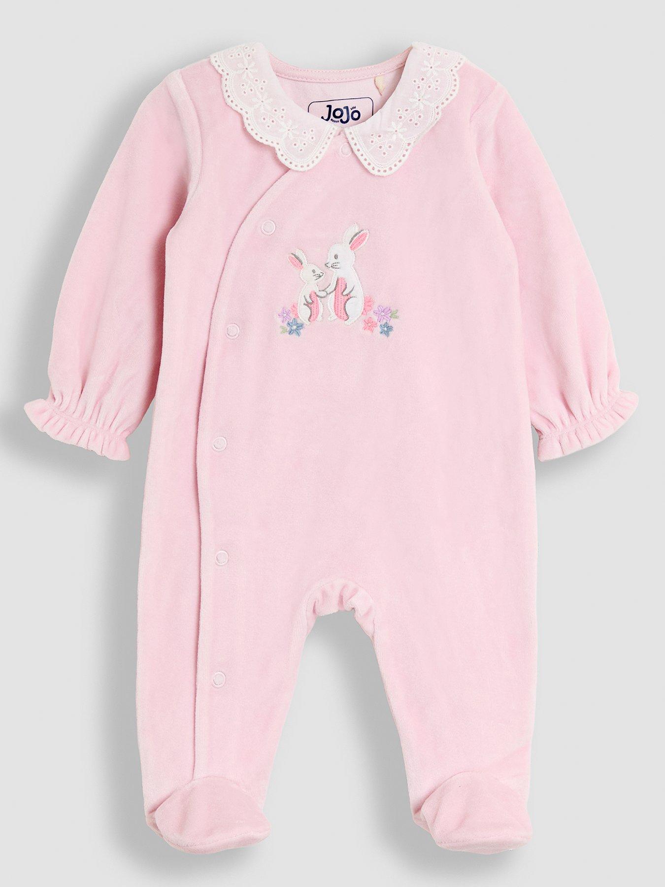JoJo Maman Bebe Baby Girls Bunny Applique Velour Collared All-in-One - Light Pink
