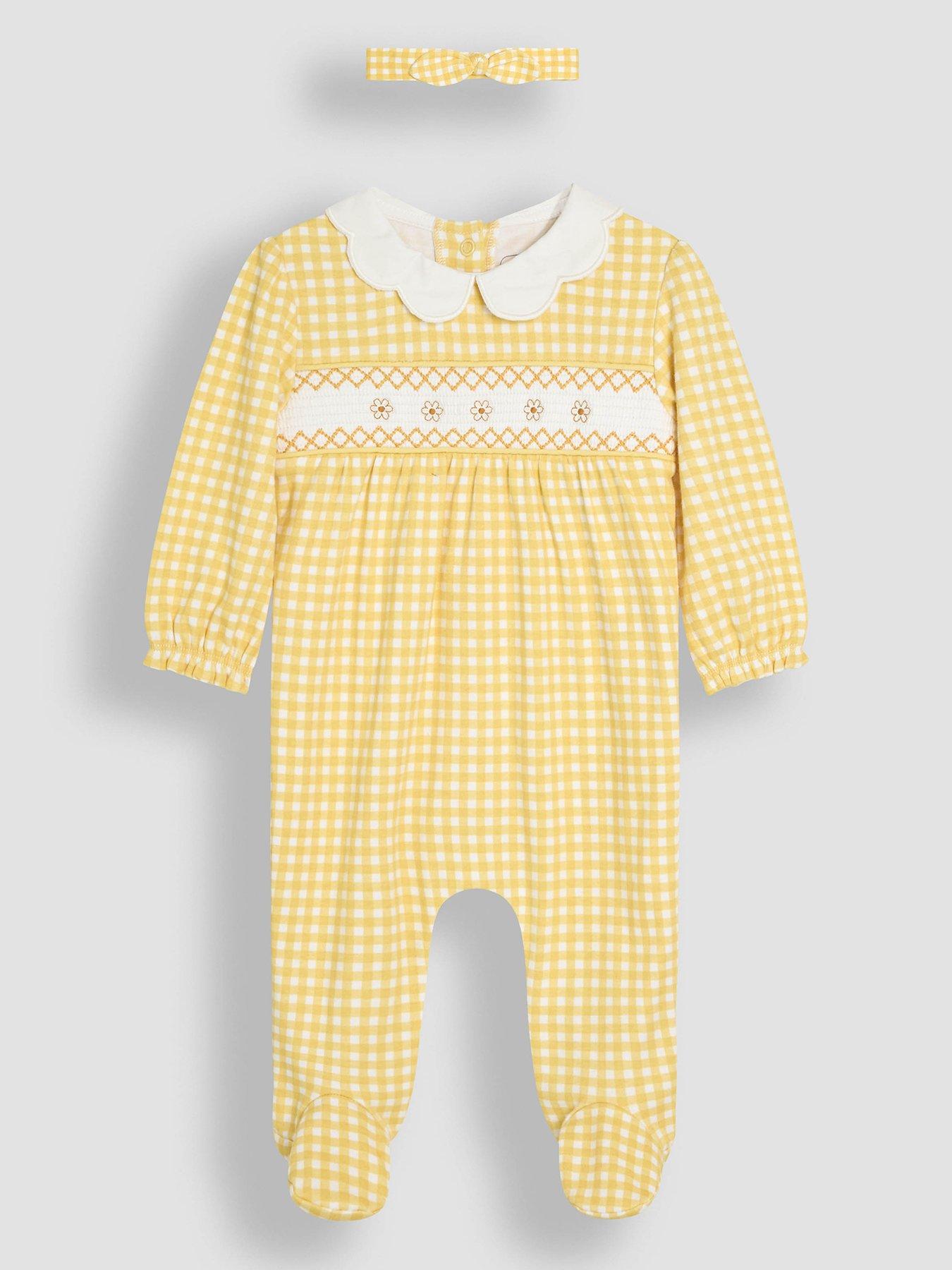 JoJo Maman Bebe Baby Girls Gingham Sleepsuit  &  Headband Set - Yellow