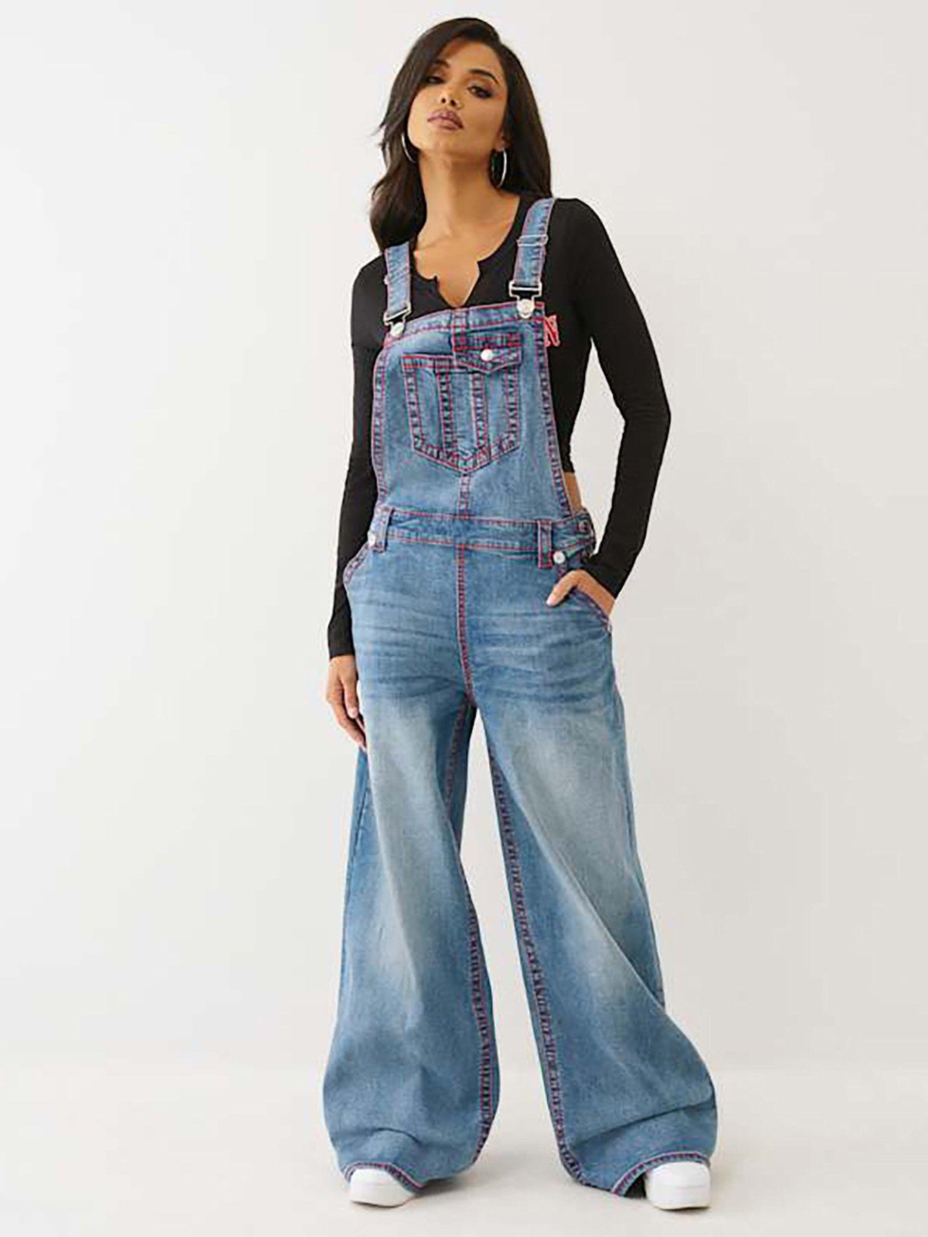 TRUE RELIGION Denim Baggy Overall Big T Dungarees - Mid Wash