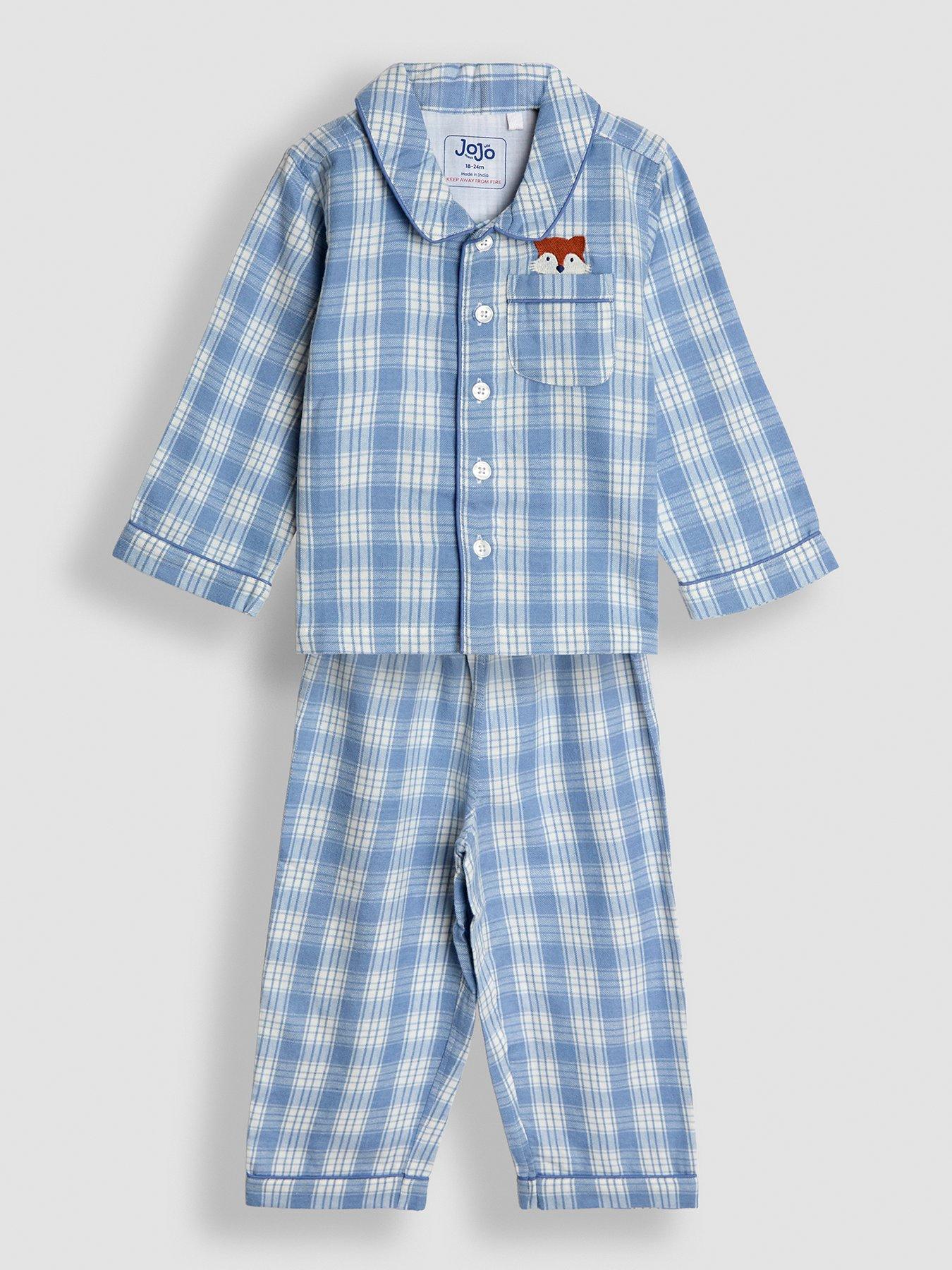 JoJo Maman Bebe Toddler Boys Woven Check Fox Character Pyjamas - Blue