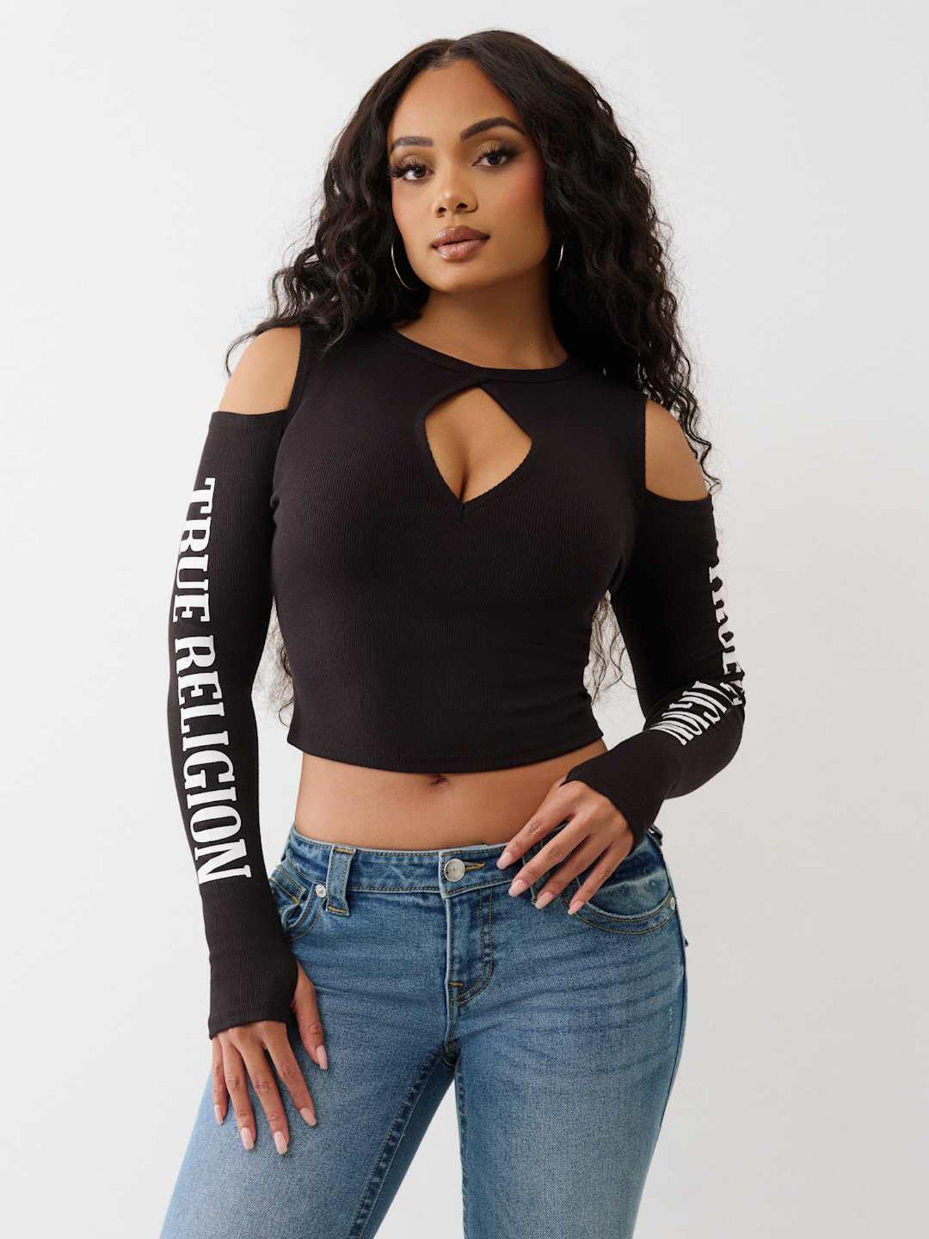 Image 1 of 5 of TRUE RELIGION Branded Cut Out Long Sleeve Top - Black