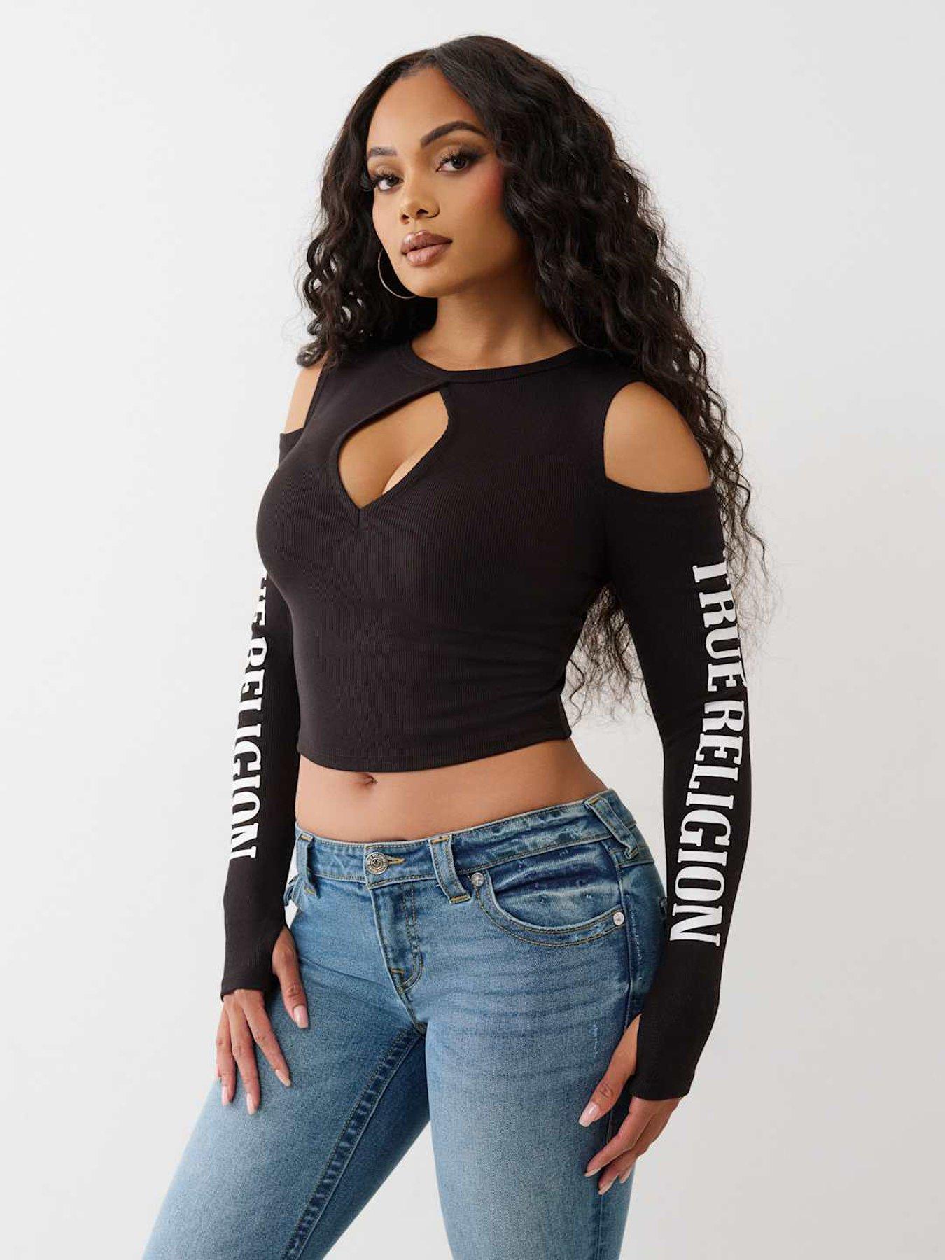 Image 5 of 5 of TRUE RELIGION Branded Cut Out Long Sleeve Top - Black