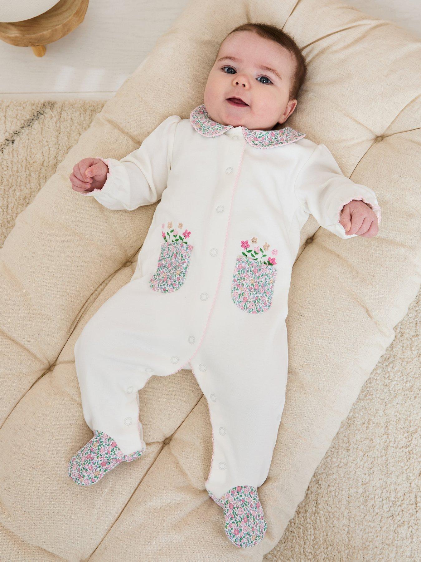 JoJo Maman Bebe Baby Girls Floral Embroidered Collar Sleepsuit - Cream