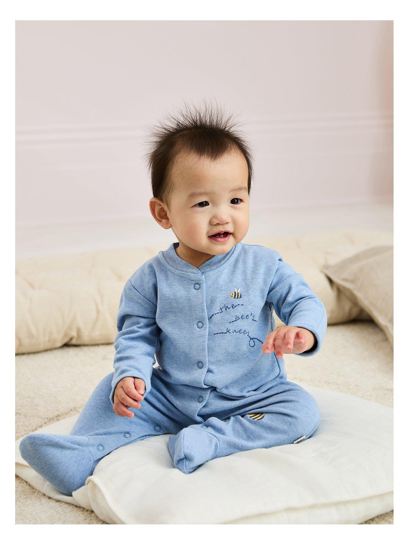 Image 1 of 4 of JoJo Maman Bebe Baby Boys Bee Applique Sleepsuit - Blue