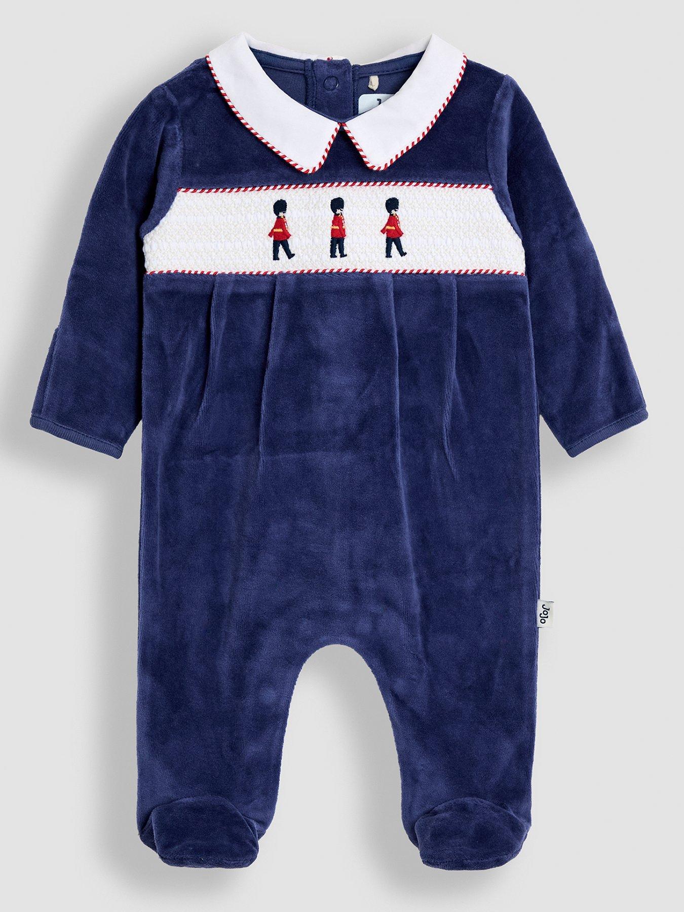 JoJo Maman Bebe Baby Boys Soldier Smocked Velour All-In-One - Navy