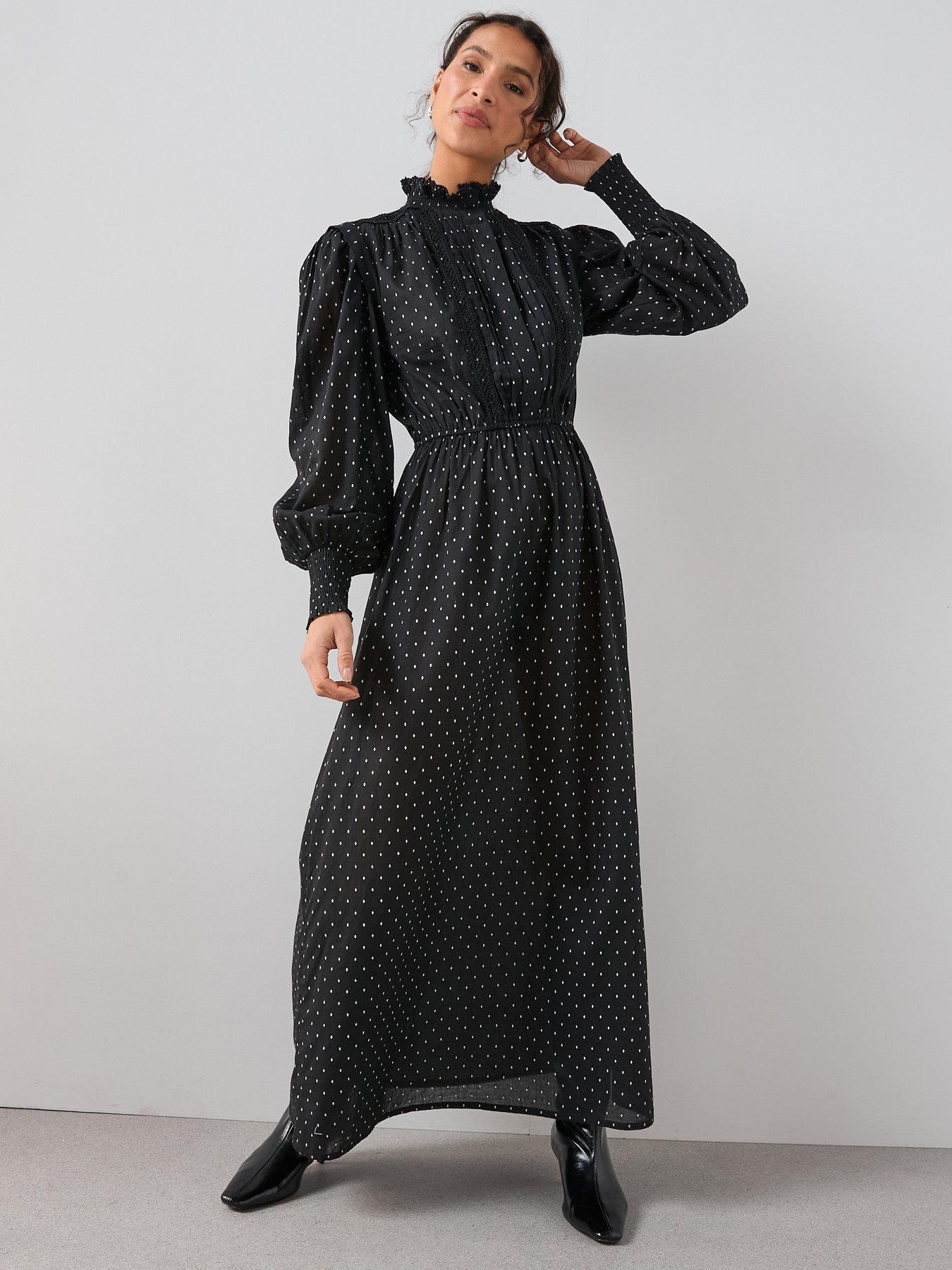 the-very-collection-polka-dot-high-neck-midi-dress-black