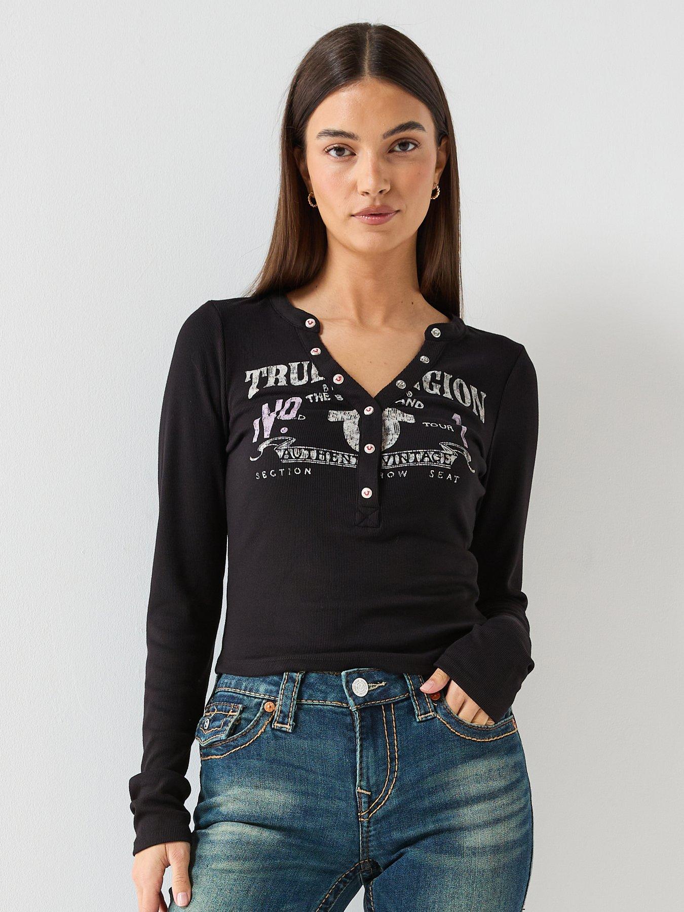 TRUE RELIGION Printed Ribbed Henley Long Sleeve Top - Black