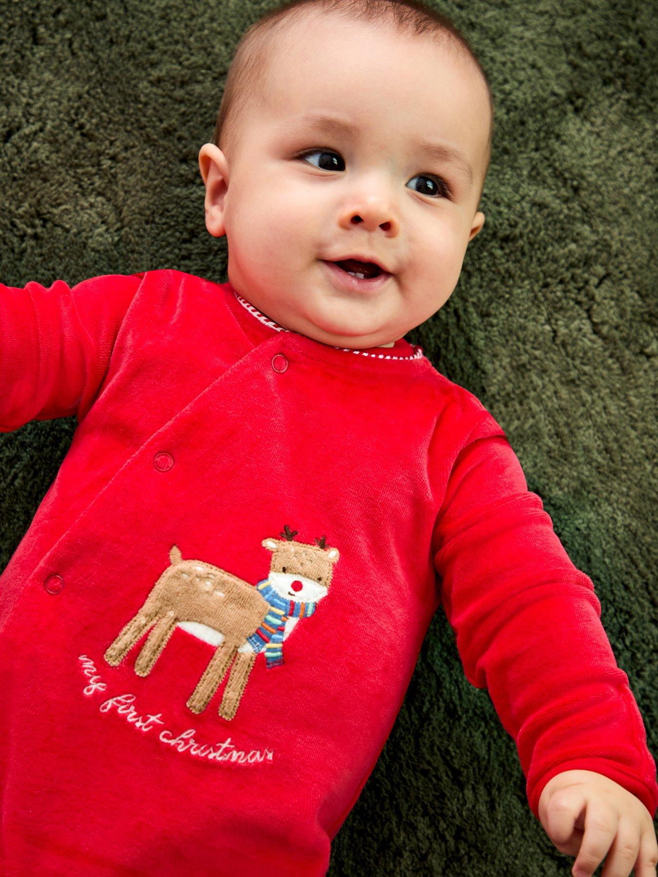 JoJo Maman Bebe Baby Unisex Christmas Reindeer Velour All-In-One - Red
