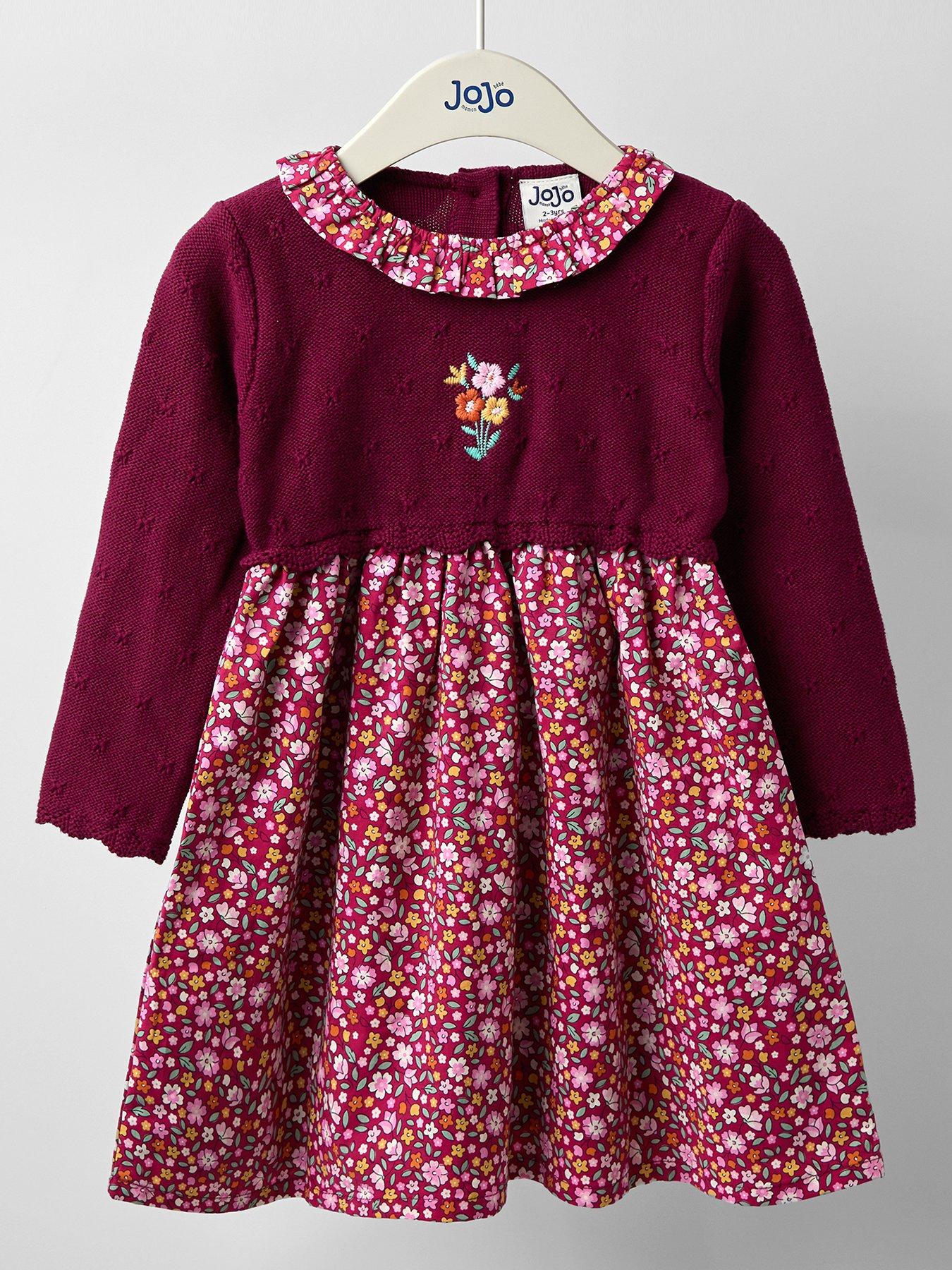 JoJo Maman Bebe Toddler Girls Floral Collar Knitted Dress - Dark Red