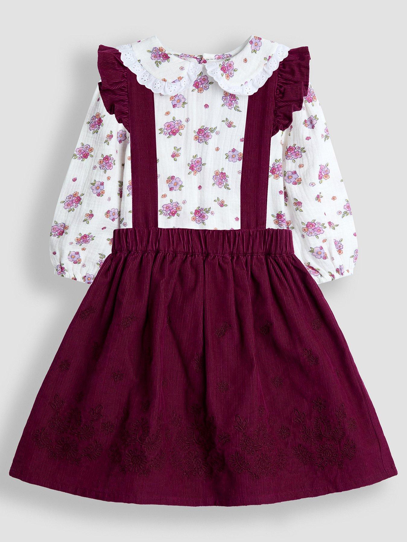 JoJo Maman Bebe Toddler Girls Embroidered Cord Pinafore Dress  &  Blouse Set - Red