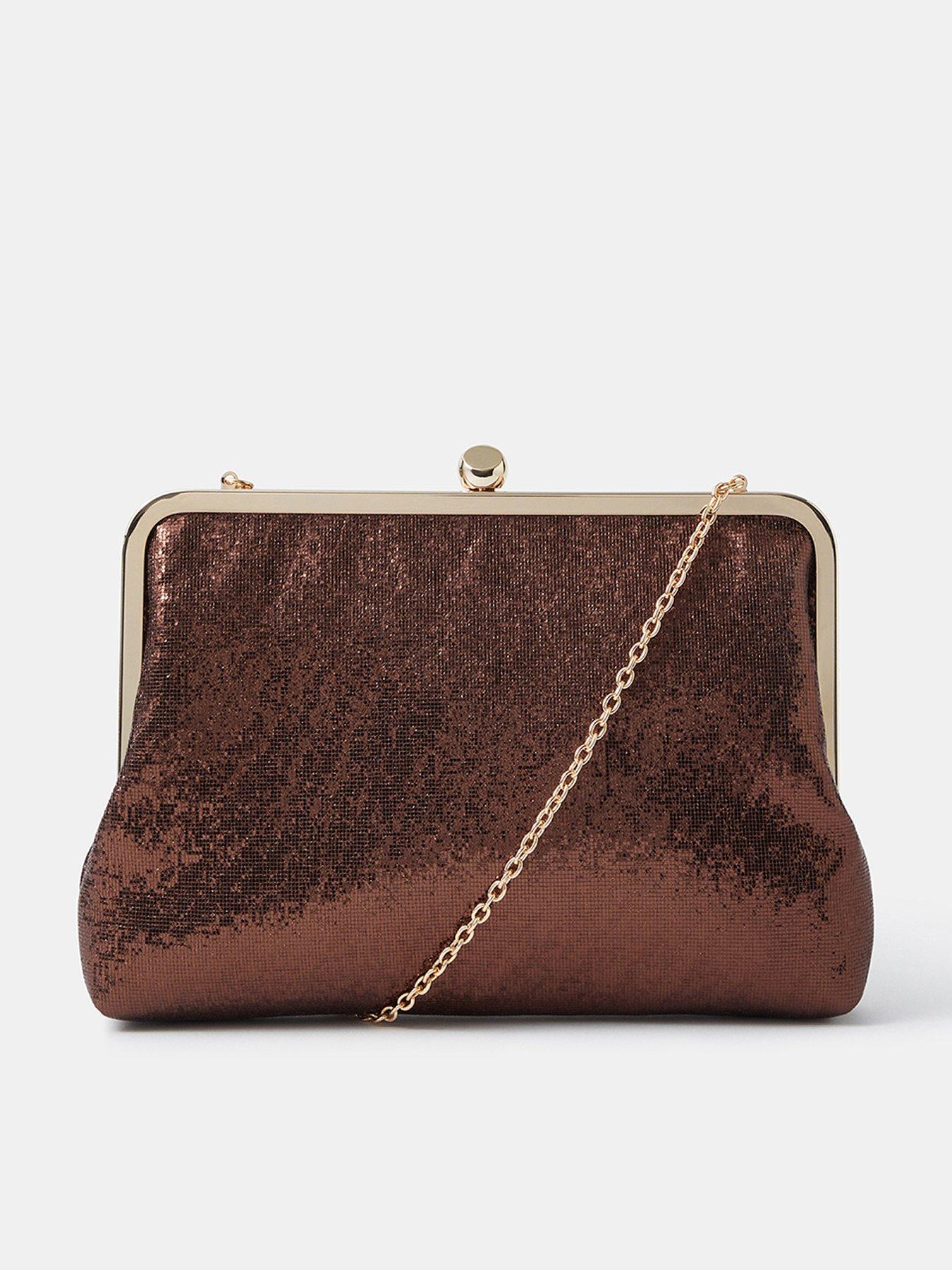 Image 1 of 5 of Accessorize Large Metallic Clip Frame Clutch Bag - Brown