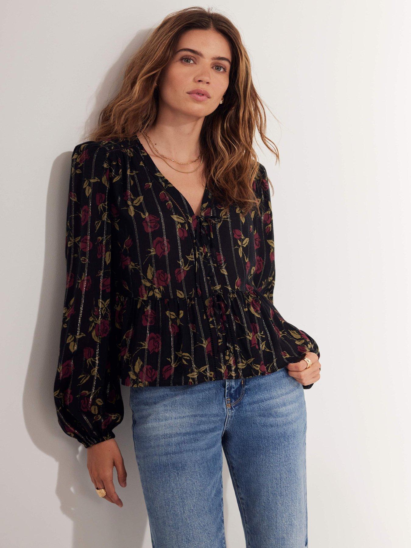 mint-velvet-rose-print-tie-front-top-redstillFront