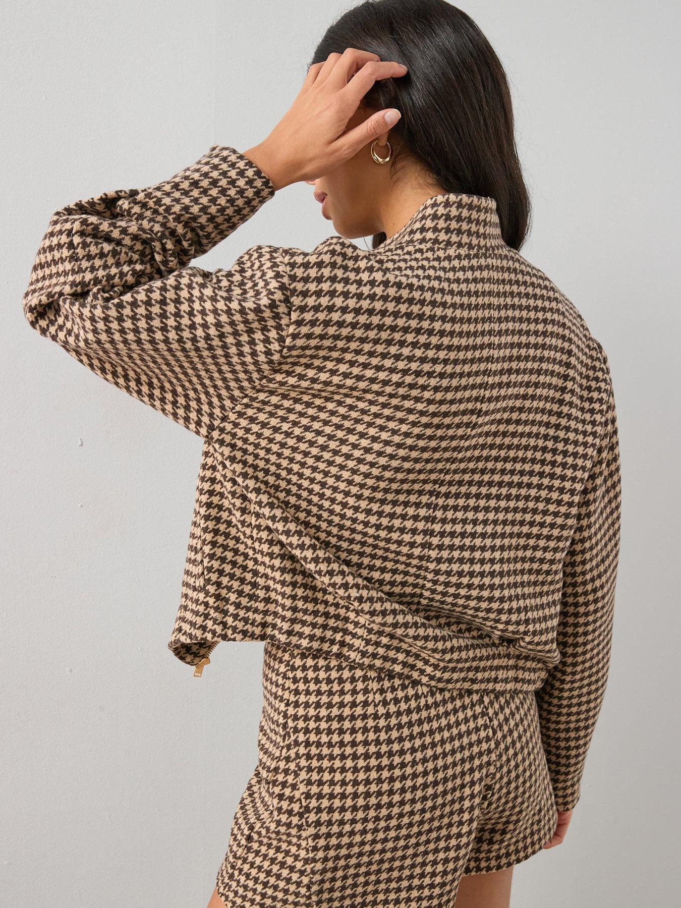 Image 2 of 6 of The Very Collection Houndstooth Funnel Neck Bomber Jacket - Brown